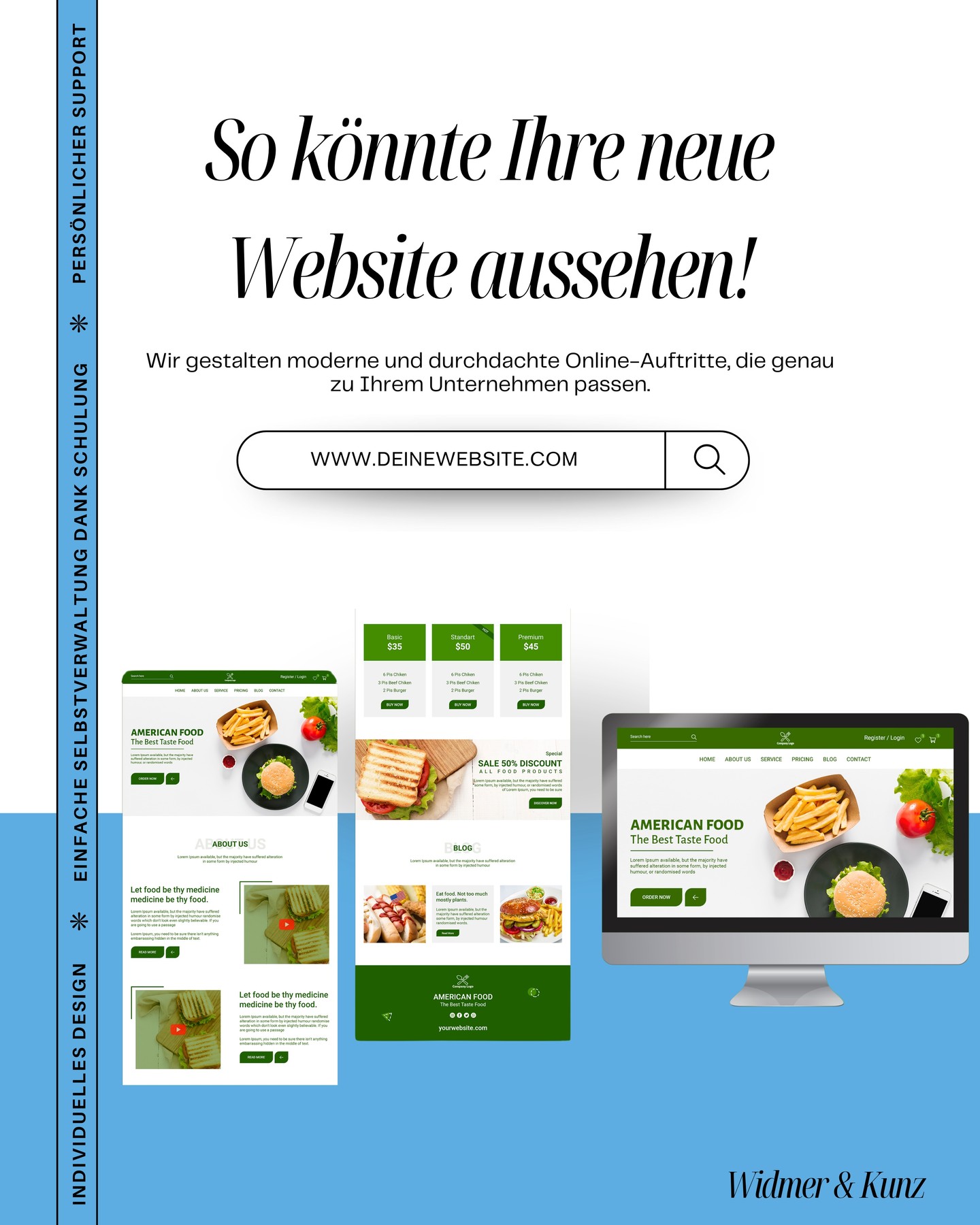 So könnte Ihre neue Website aussehen
Modern, professionell und individuell auf Ihr Unternehmen abgestimmt – ganz ohne Baukasten-Look.
Sie möchten einen Webauftritt, der überzeugt und Ergebnisse liefert?
Dann lassen Sie uns Ihre neue Website gemeinsam realisieren.
Jetzt unverbindlich beraten lassen.
#webdesign #widmerundkunz #onlinemarketing #wixwebsite #branding #sichtbarkeit #webagentur #basel #responsivewebdesign #seo