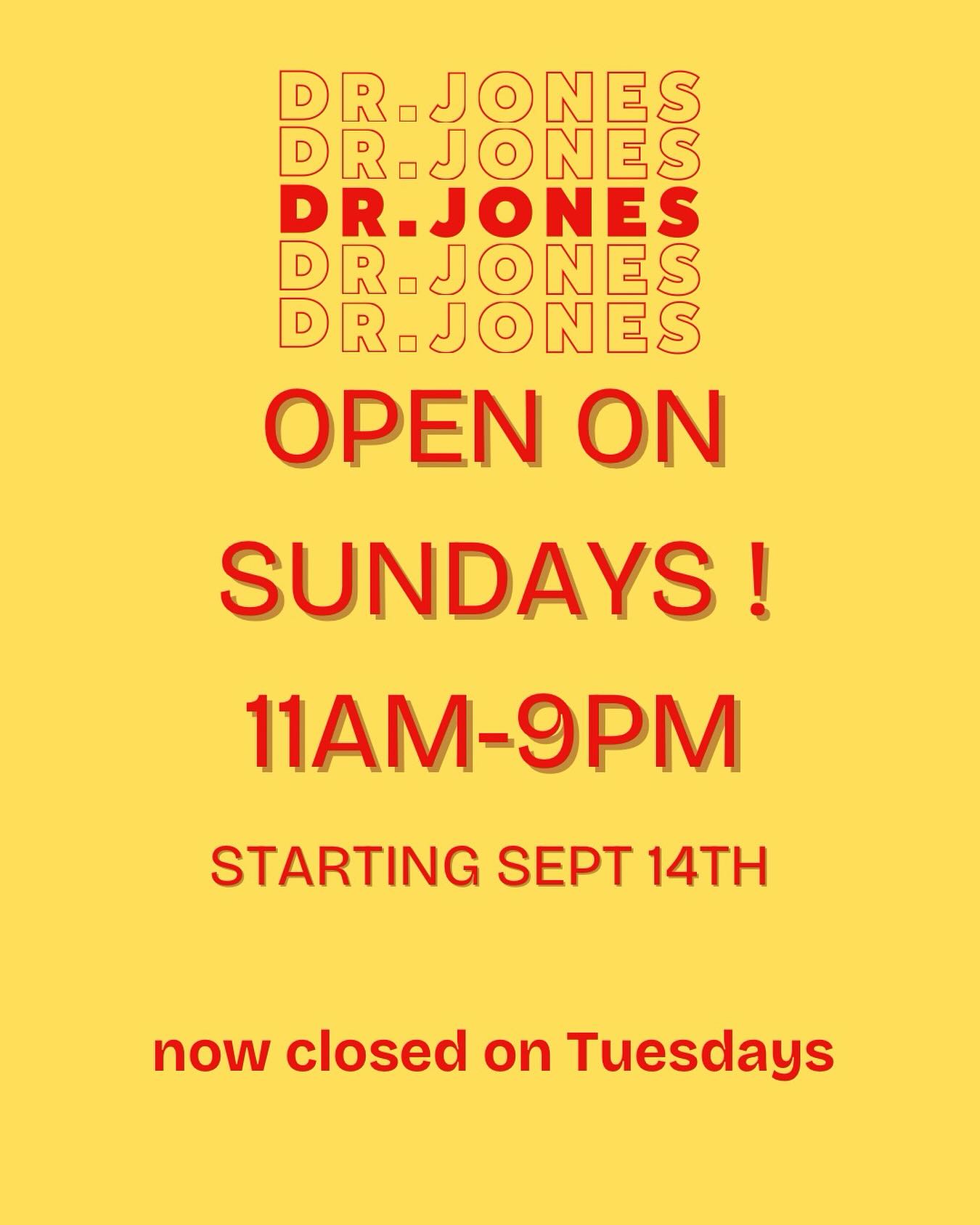 📣 Big news, Metairie!
Starting September 14th, Dr. Jones will be OPEN on Sundays 🍴✨
⏰ Hours: 11AM–9PM
📅 We’ll now be closed on Tuesdays instead
Come spend your Sundays with us — good food, good vibes, all day long 🙌
#DrJones #MetairieEats #SundayFunday #NOLAfood