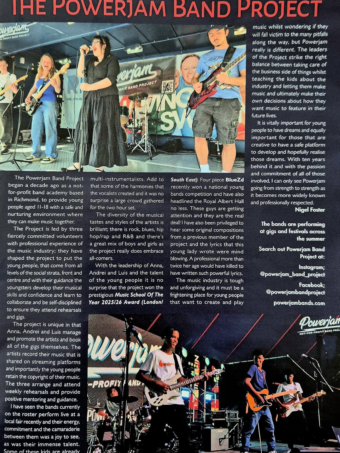 What a beautiful start to the new school year! A music journalist, after watching our young bands play at @richmondmayfair 2025, was so impressed, Powerjam and our bands were featured in this month's @bluesinbritain magazine!! Thank you so much for the amazing article highlighting our diverse band entertainment, our aims and ethos , and our young bands' polished performances. Can't wait to start our new term rehearsals and welcome all the new and returning members from this Friday!!!
Pictured: Powerjam bands, 'Velvet Eye' & 'Bluezd'
🖨 NIgelFoster
#bluesinbritainmagazine #bluesinbritain #richmondmayfair #richmondgreen #Richmonduponthames