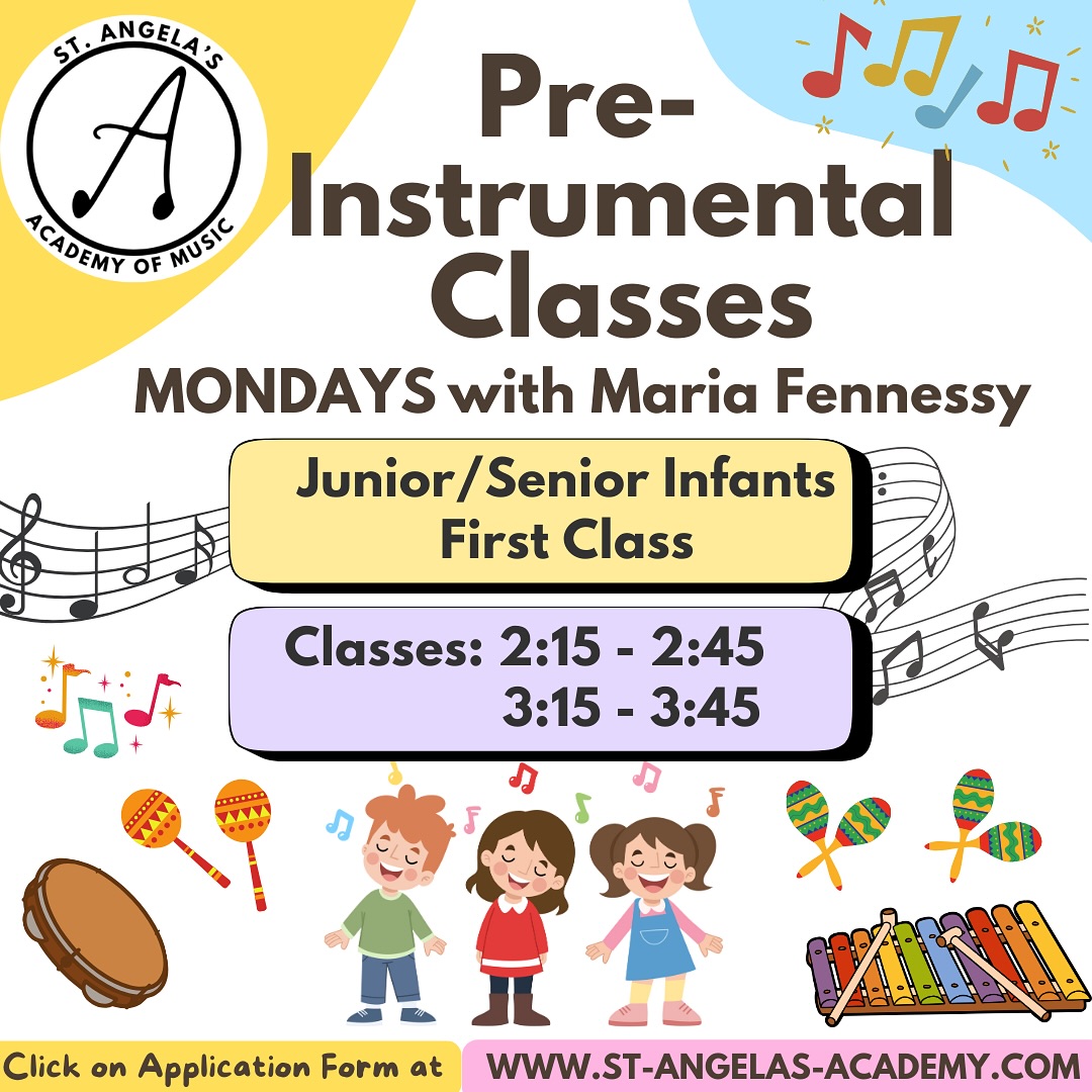 Maria Fennessy offers Pre-Instrumental classes for Junior Infants, Senior Infants and First Class students on Mondays at St Angela’s Academy, Thurles.
If you have a little one who is eager to get started on their musical journey, Maria will nourish their musicianship and give them a strong foundation for the future.
Head to our website to register now.