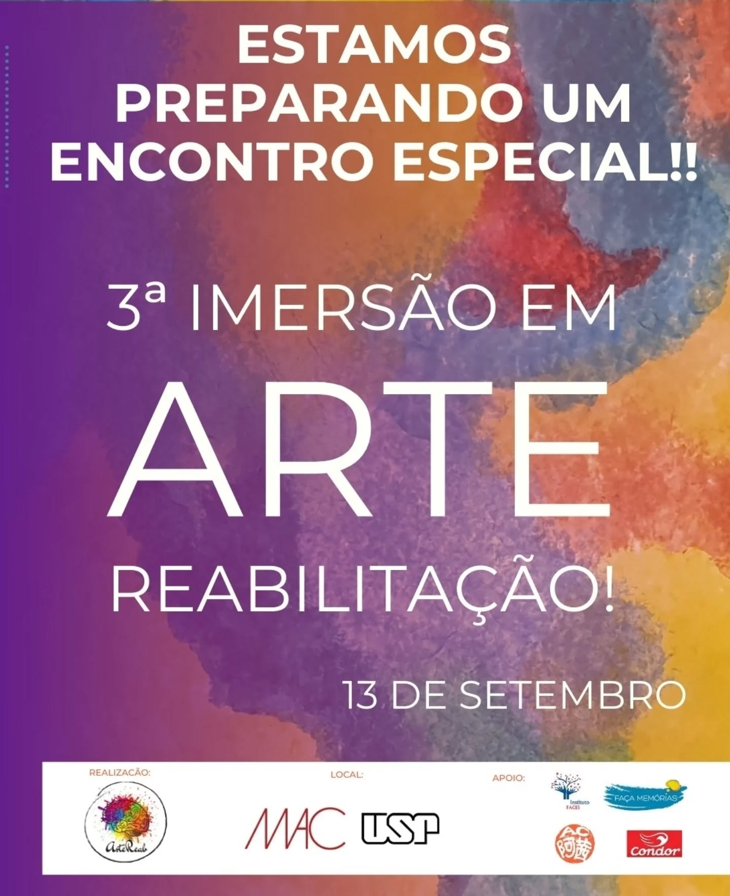 Estamos participando da 3° Imersão em ARTE REABILITAÇÃO! Acontecerá dia 13 de Setembro, no @mac_usp e você nao pode ficar de fora! Será um evento histórico e incrível, com pessoas com trabalhos extraordinários! Estamos levando um pouquinho do nosso trabalho nesse encontro e tem todo o nosso coração!❤️🎨 UM agradecimento especial a @artereab_oficial pelo convite e pelo protagonismo!
#inclusaocriativa #artereabilitação #arte #art