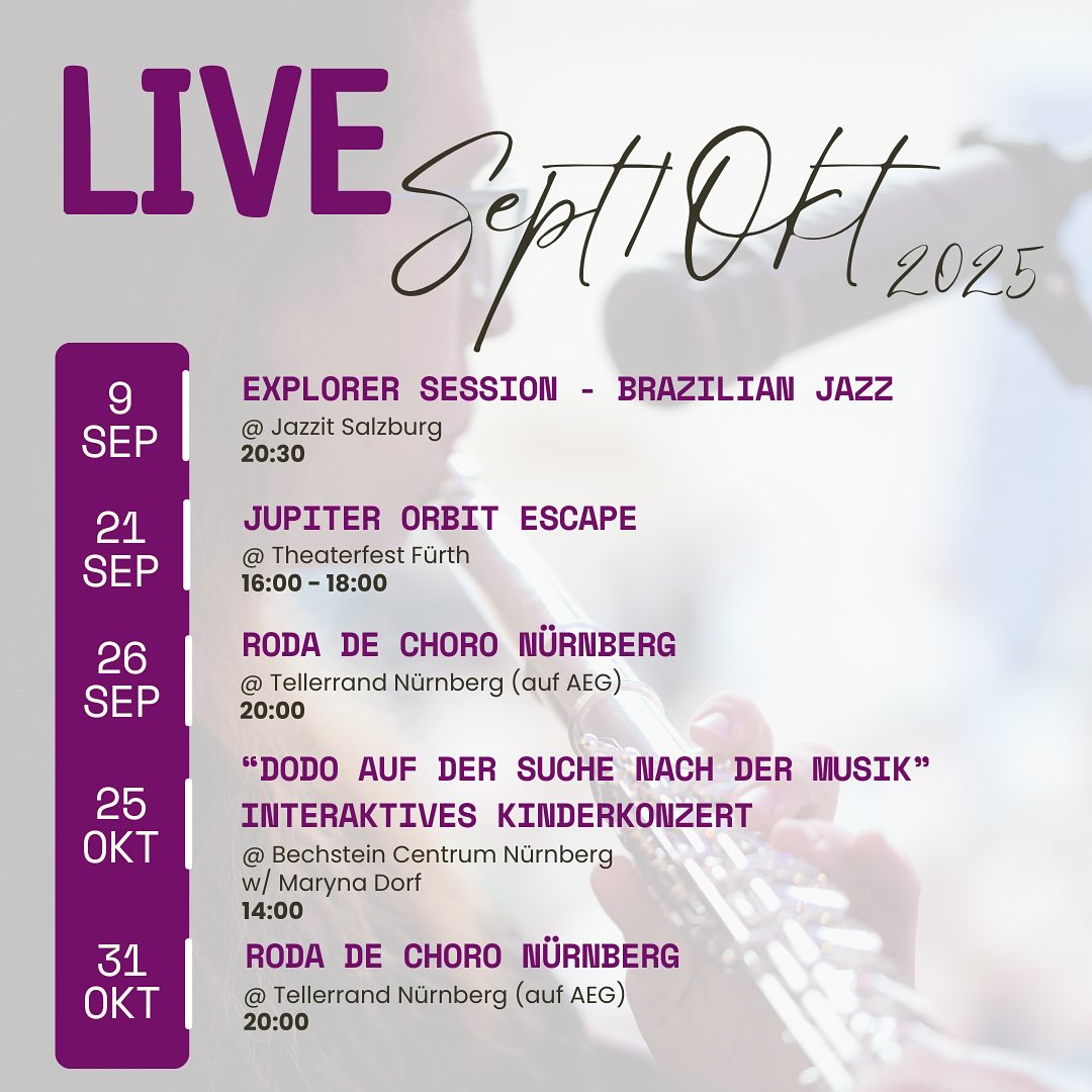 Die Sommerpause neigt sich langsam dem Ende zu und es gibt schon ein paar ganz wunderbare Termine. Wieder wie immer bunt gemischt mit Choro, Prog Pop, Kinderkonzert…
Sehen wir uns?
@jupiterorbitescape @joaolucasmoreira_music @aronhantke @kinderkonzert.dodo
#live #livemusic #musicianslife #choro #rodadechoro #chorotuiuiu #brazilianmusic #neuetermine #kalender #ohrenspielerei #kinderkonzertdodo #jazz #jupiterorbitescape