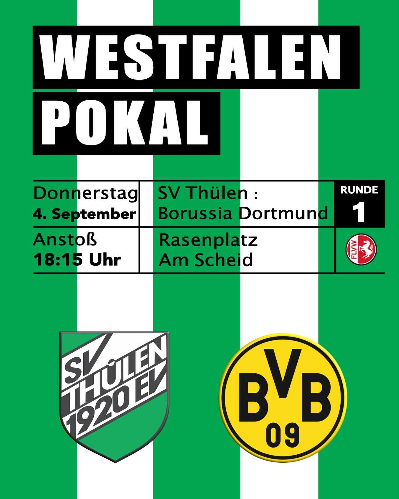 🏆 Borussia Dortmund erneut zu Gast am beschaulichen Thülener Scheid 🏆
Am Donnerstagabend ist es endlich soweit und das Warten hat ein Ende!! 🥳
Die SVT-Damen empfangen am beschaulichen Thülener Scheid erneut die Frauenmannschaft des BVB.
In der ersten Runde des Westfalenpokals hat der Westfalenligist das große Los gezogen und darf sich gegen die Borussia beweisen.
Erst Ende Mai waren die Schwarz-Gelben zu Gast im Altkreis Brilon. Am letzten Spieltag in der Westfalenliga konnte sich der Favorit mit 4:2 durchsetzen und sich als Meister zum Aufstieg in die Regionalliga West gratulieren lassen.
Dort geht der BVB mit einem runderneuerten Kader an den Start. Gleich 16 neue Spielerinnen für die erste Mannschaft präsentierten die Verantwortlichen des BVB vor Saisonbeginn.
In der Regionalliga West ist die Mannschaft aus dem Ruhrgebiet mit einem Sieg und einer Niederlage gestartet und konnte sich durch einen Heimsieg in den Play-Offs für die 1. Runde im DFB-Pokal qualifizieren. Dort wartet kein geringerer als Double-Sieger Bayern München.
Die Grün-Weißen gehen als klarer Underdog in die Partie, wollen aber alles in die Waagschale werfen um den Regionalligisten das Leben so schwer wie möglich zu machen.
Dafür hoffen die Kickerinnen vom Trainerduo Werth/Heinke auf zahlreiche Unterstützung ihrer Fans.
Für das leibliche Wohl ist seitens des SV Thülen natürlich wieder bestens gesorgt. 🌭🍺
Anstoß ist um 18:15 Uhr auf dem Rasenplatz am Scheid in Thülen.
Die Westfälische Rundschau überträgt das das Spiel ab 18 Uhr live aus Thülen.
Co-Kommentator ist Ex-SVT-Trainer Frederik Leikop. 😀