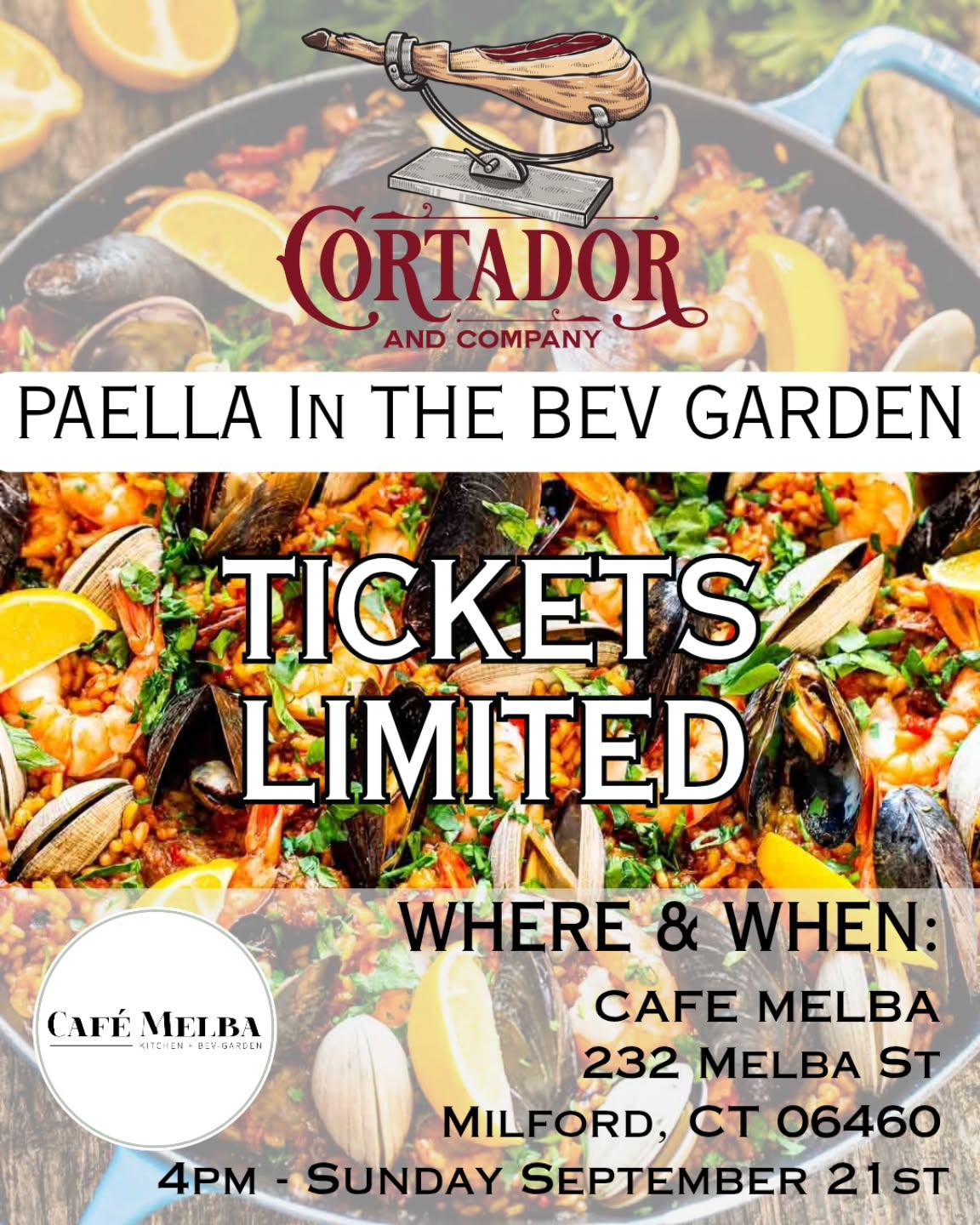 LIMITED TICKETS STILL AVAILABLE
TO RESERVE YOUR SPOT YOU MUST CONTACT DAN KARDOS DIRECTLY @chefdankardos @cafemelbact
You can do so via Instagram DM ☝️☝️☝️☝️
Kindly include the number of guests in your group and he will send you the payment info. We must receive payment in advance
Details below ⏬️
JOIN US AT THE BEV GARDEN AS WE TRAVEL TO SPAIN AT CAFE MELBA...
SUNDAY SEPTEMBER 21ST
AN EVENING OF
🫒CHARCUTERIE
🐷 HAND CARVED JAMON... AND OF COURSE...
🍛 PAELLA
When: Sunday September 21st
Where: 📍The Bev Garden @ Cafe Melba
Time: 4 pm
Includes:
$65 per person
charcuterie, salad, hand-carved jamón by Chef Dylan Hansen
He will be cooking up two massive paellas on the patio
🦐 mariscos (traditional seafood paella)
🥕 veduras (vegan summer veggie)
We will be serving it up family style
Full bar
🍻 brews
🍷wine & vermouth
🍸 gin+tonic & cocktails
** Alcohol not included in ticket price, purchased a la carte. Please tip accordingly**
Can't wait to see you all there!
** All sales are final. Rain date Sunday October 5th **