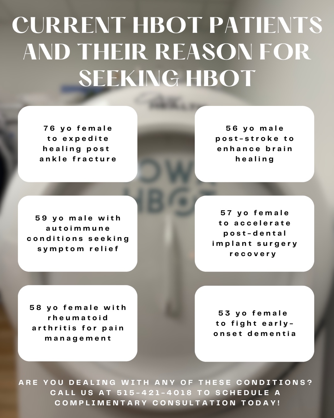 At Capital Health & Iowa HBOT, we help people of all ages heal faster, reduce pain, and improve their quality of life through Hyperbaric Oxygen Therapy (HBOT).
From recovery after fractures, strokes, or dental surgery, to managing autoimmune conditions, arthritis, and even supporting brain health, HBOT is making a difference.
Are you dealing with any of these conditions? Call us today at 515-421-4018 to schedule your complimentary consultation and see if HBOT is right for you!
Check out our website to see all the conditions for which HBOT can be beneficial! https://www.iowahbot.com/blog
#IowaHBOT #CapitalHealth #DSMUSA #DesMoines #Iowa #HBOT #HealingNaturally #BrainHealth #Recovery #WellnessJourney #AlternativeMedicine #PainRelief