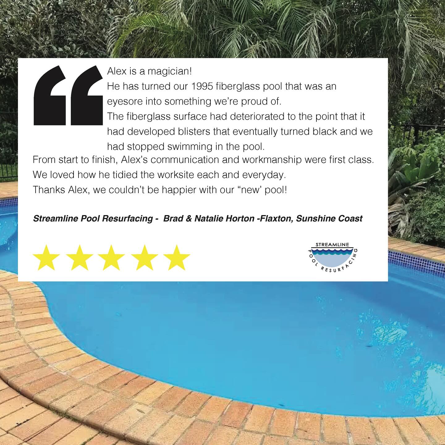 What one of our customers had to say about a job we recently completed for them in Flaxton.
⭐️⭐️⭐️⭐️⭐️
.
.
.
#streamlinepoolresurfacing #swimmingpool #resurface #investment
#customerreview #feedback #review #fivestar