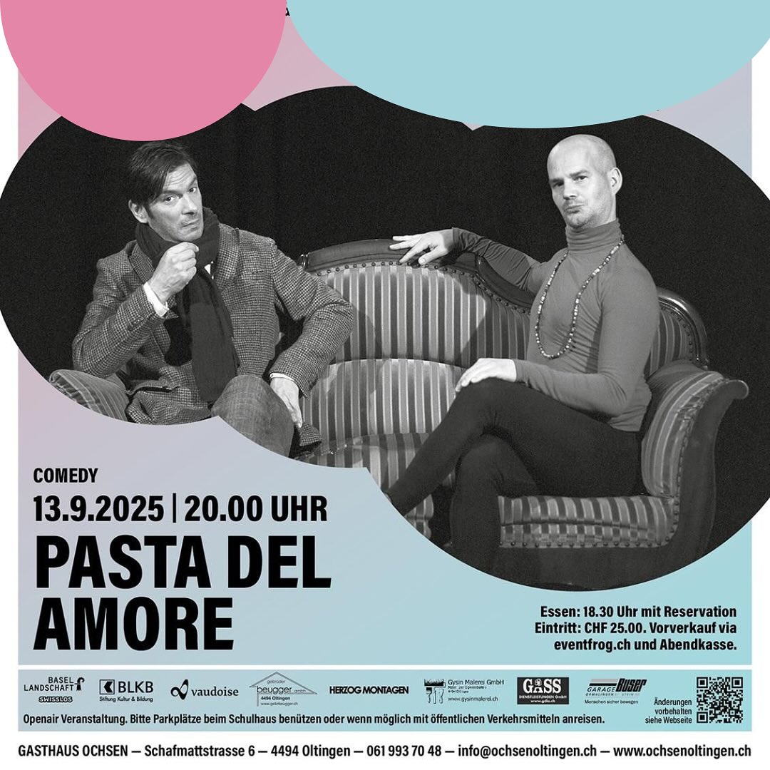 Sie kommen wieder. Unsere absoluten Lieblingskomiker nächsten Samstag auf der Ochsen Bühne. Wir freuen uns auf @pastadelamore 🧡 #ochsenoltingen #ochsenmachtglücklich #kulturbaselland