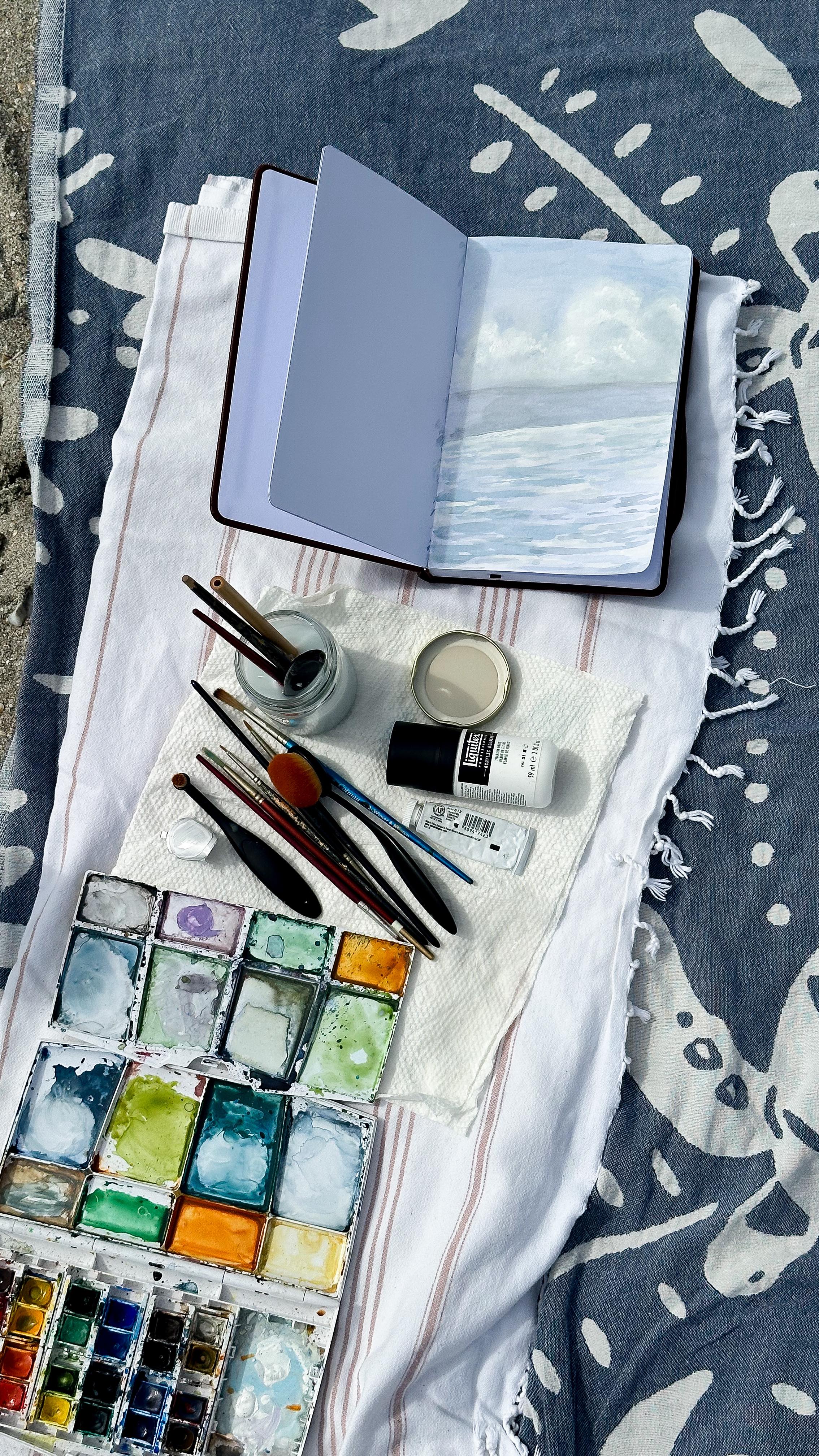 I got a new sketchbook and brought her to the beach with my friends to paint on her first page! We let the water and clouds show us the way and teach us simple lessons for our own individual art practices.
.
My goal is to fill these pages with all of the numerous ideas I have continuously running through my mind. I have little time to fully do these ideas but a quick sketch seems feasible. Feel free to let me know your favorite and maybe I will turn it into a larger, more permanent piece.
.
Thank you @terracotta_house for always capturing moments flawlessly and @landiscarey_ceramics for organizing this beautiful, inspiring morning