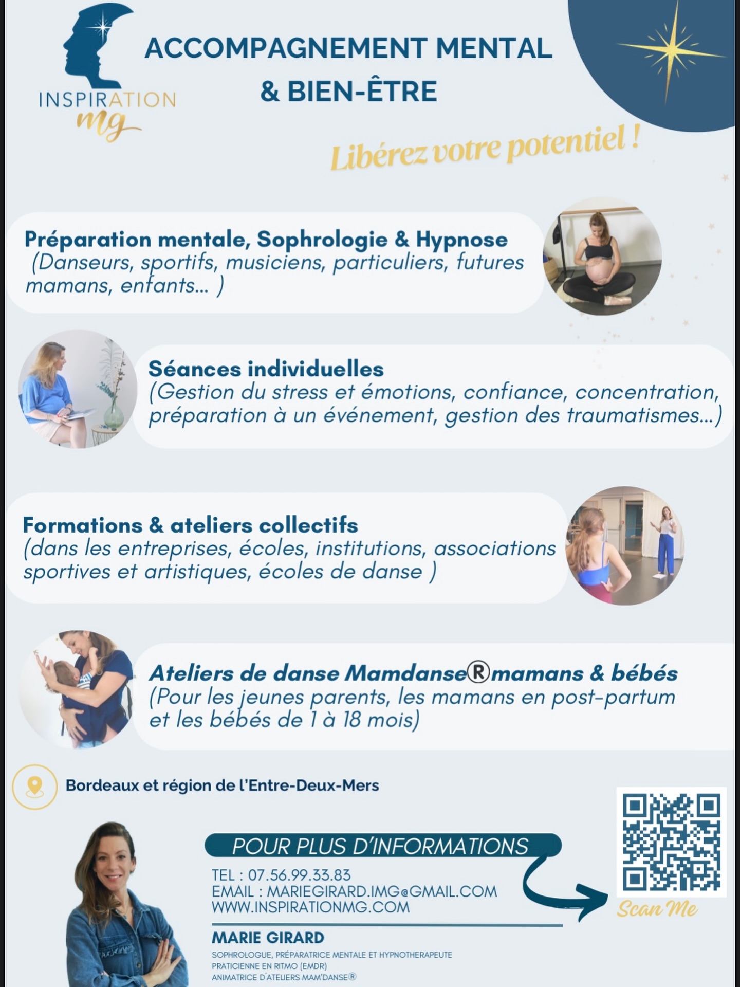 ✨ Un seul cœur de métier, plusieurs portes d’entrée : vous accompagner vers plus de sérénité, de confiance et de plaisir dans ce que vous vivez et entreprenez.
🎯 Préparation mentale, sophrologie & hypnose
👉 pour les :
-danseurs🩰
-musiciens🎼
-sportifs🤾🏻♀️
-cavaliers 🐴
-enfants 🧒🏼
-adultes 🧔🏽
-futures mamans🤰🏼
…
👉 pour dépasser le stress, apprivoiser ses émotions, cultiver la concentration, renforcer la confiance ou se préparer à un événement important.
👥 Séances individuelles, ateliers collectifs & formations en entreprise, écoles, institutions, associations artistiques et sportives, écoles de danse et compagnie.
💃 Ateliers Mamdanse® jeunes mamans/parents & bébés
Un espace tendre et joyeux pour bouger ensemble, créer du lien et vivre le mouvement autrement après l’arrivée d’un enfant.
🌟Chaque accompagnement est unique, pensé pour révéler vos propres ressources. Ensemble, nous éveillons des prises de conscience, affinons/ révélons vos forces, et faisons émerger le plaisir comme moteur.
💎 Comme un diamant brut, vous portez déjà en vous toute la matière précieuse : je vous aide simplement à la tailler pour en libérer l’éclat.
📩 Contactez-moi pour plus d’infos ou pour réserver votre séance.
📍 RDV ou devis en ligne (lien dans ma bio)
Séances en présentiel ou en visio
Je suis Marie Girard, sophrologue, hypnotherapeute, préparatrice mentale et formatrice certifiée RNCP.
#sophrologie #hypnose #preparationmentale #bienetre #motivation #mental #confiance #mamdanse #sophroprenatale #perinatalite #enfance #adolescence #postpartum #prenatal #bordeaux #latresne #creon #sadirac #entredeuxmers #danse #artiste #danseur #danseclassique #santementale #santedudanseur #inspirationmg #accompagnement #phobie #addiction #trauma