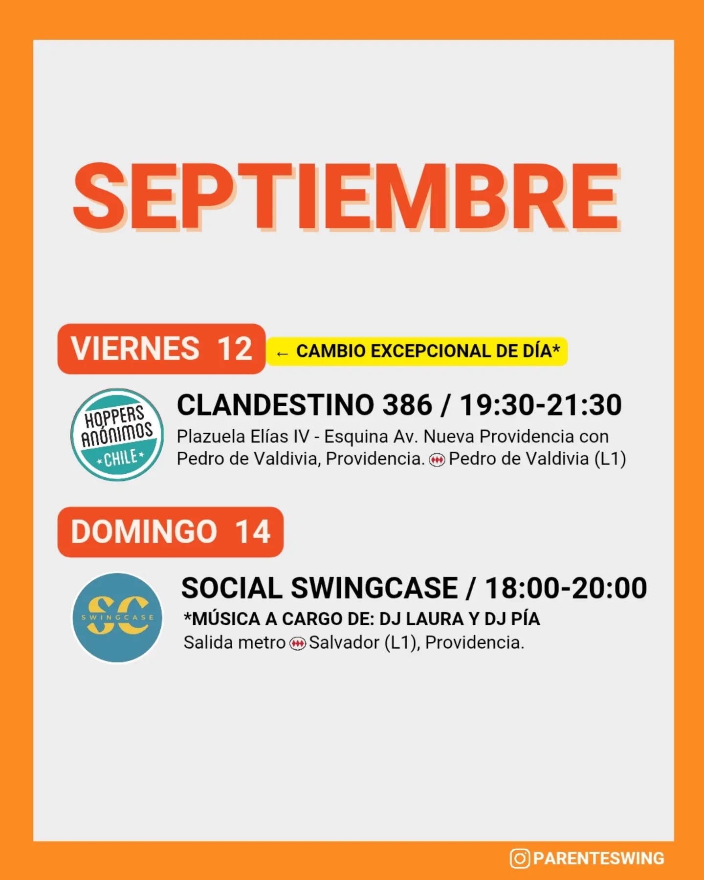 ✨Todos los eventos son gratuitos y abiertos a todo público, a menos que se indique valor de entrada 💸
‼️Cualquier modificación o nuevo evento en los comentarios👇🏻 y/o por historias 👆🏻
🤔 Qué es una Jam, Clandestino o Baile Social?
Una instancia donde fanáticos de los bailes swing (Lindy hop, Balboa, Shag, Solo jazz) se reunen a compartir, hacer comunidad y a la vez, practicar.
❌ Las actividades publicadas NO son instancias de clases para aprender a bailar, a menos que se indique “Taller” o “Clase Abierta”.
👀 Quieres aprender a bailar?
En nuestra historia destacada “CLASES” está toda la información y formularios de inscripción a los cursos del mes de las escuelas de bailes swing ✨
Nos vemos en la pista! 💃🏻🕺🏻🔥
#danzachile #lindyhopchile #swingchile #bailechile #eventoschile #danzasantiago #santiagodechile #panoramasgratis #swingdancechile #swingdancingchile #lindyhopperschile #panoramasgratis #panoramagratis #santiago