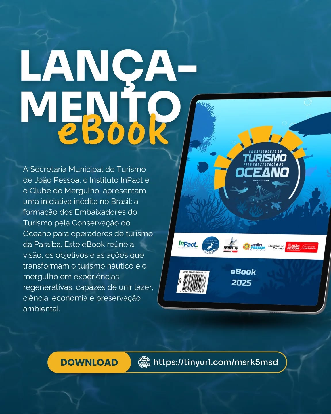 O eBook relata o curso “Embaixadores do Turismo pela Conservação do Oceano”, iniciativa lançada em abril de 2025 pela Secretaria de Turismo de João Pessoa (Setur), o Clube do Mergulho JP, o InPact (Instituto de Pesquisa e Ação), o Sindicato dos Guias de Turismo da Paraíba (Singtur-PB) e o Espaço Oceano. O objetivo central foi qualificar guias e operadores de vendas no turismo náutico e de mergulho, unindo desenvolvimento econômico e preservação dos recifes de coral diante dos desafios das mudanças climáticas e do branqueamento, trazendo o turismo regenerativo como oportunidade.
A formação dividiu-se em seis módulos teórico-práticos, conduzidos por especialistas de diversas instituições, que abordaram desde fundamentos de ecologia marinha até experimentações de mergulho em ambientes controlados e costeiros. Para tal, foram considerados documentos, tais como: Normas da Autoridade Marítima para Atividades Subaquáticas e do Tráfego Aquaviário - Marinha do Brasil; Plano Nacional de Gerenciamento Costeiro; Plano de Ação Emergencial para a Unidade de Conservação Área de Proteção Ambiental Naufrágio Queimado, os programas estruturantes governamentais (ex. PREAMAR), Kit Pedagógico da Cultura Oceânica, além das premissas da Década da Ciência Oceânica e da Década da Restauração de Ecossistemas.
Foi publicado pela @environmentalsmoke — um periódico científico revisado por pares com foco em Ciências Ambientais e tópicos relacionados, envolvendo a inter-relação do ser humano e o meio ambiente.
Link: https://doi.org/10.32435/envsmoke/embaixturismo