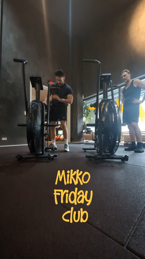 Mikko Friday Club
It's a benchmark CrossFit workout that we've been doing together for a few years now. It's humbling, effective and kind of horrible. That's why you need lots of friends to help you.
It's more than a workout for us. It brings us together and keeps us sane.
10 Rounds = 40 minutes
Minute 1 = Max kcal assault bike
Minute 2 = Max kcal Row
Minute 3 = Max kcal Ski
Minute 4 = Rest
(The official order is row, ski, bike. But we change it around once in a while because we're wild)
Try to pick a number of calories for all the machines and stick with it. I did 15 today, all machines, all rounds.