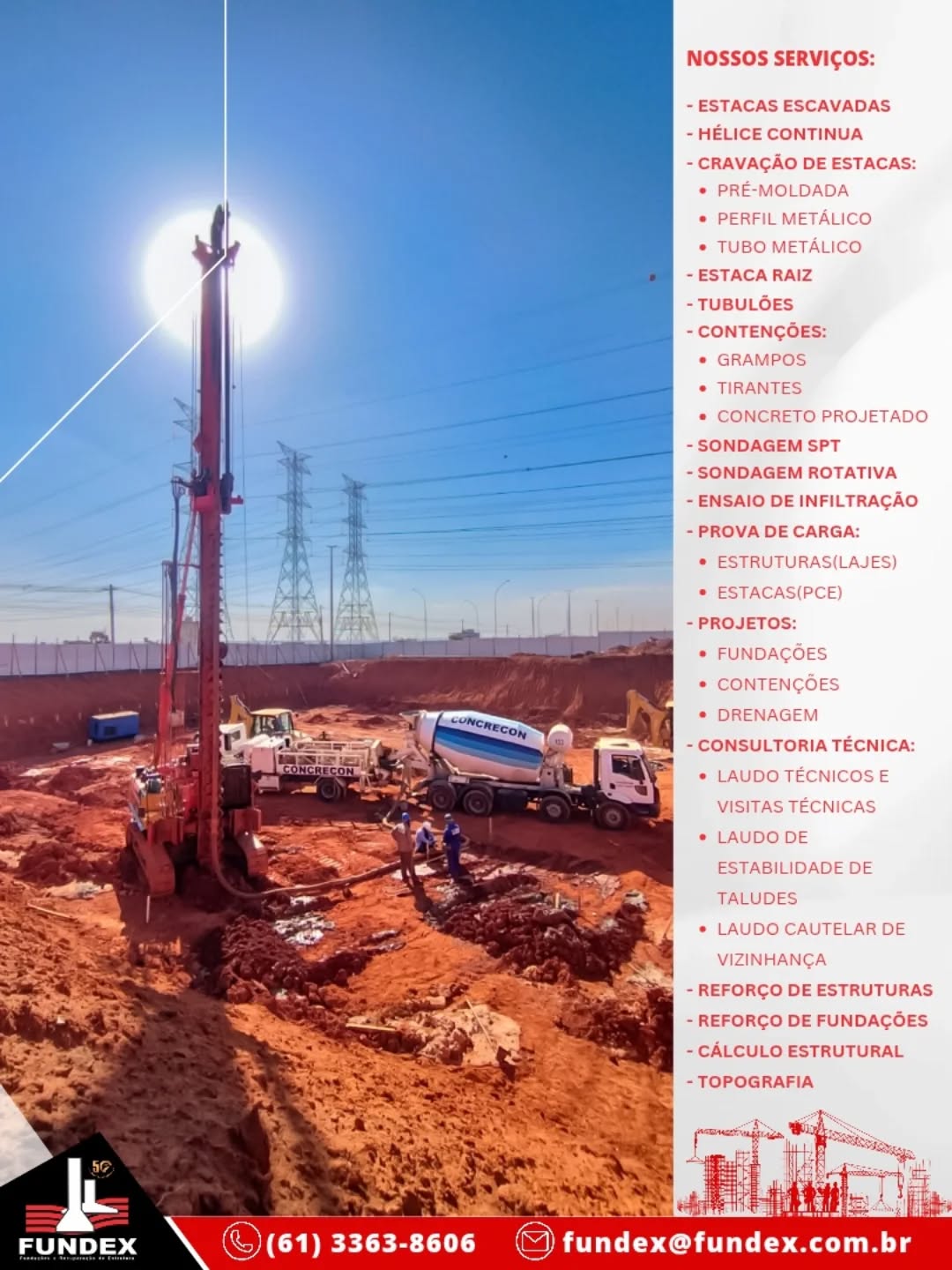 🚇💪 Fundex na expansão do Metrô de Brasília!
Estamos presentes em mais uma grande obra de infraestrutura do DF, executada pelo CG Consórcio, com a tecnologia de estacas hélice contínua monitorada.
🔴 Precisão, qualidade e segurança marcam cada etapa dessa execução, reforçando nosso compromisso em entregar soluções de fundações que transformam projetos em realidade.
👉 Fundex: mais de 50 anos inovando e construindo o futuro em fundações.
#Fundex #Fundações #Estacas #EstacaHeliceContinua #Engenharia #ConstruçãoCivil #Infraestrutura #Obras #ExpansãoMetrô #Brasília #CGConsórcio #Geotecnia #Construção #EngenhariaCivil #Qualidade #Segurança