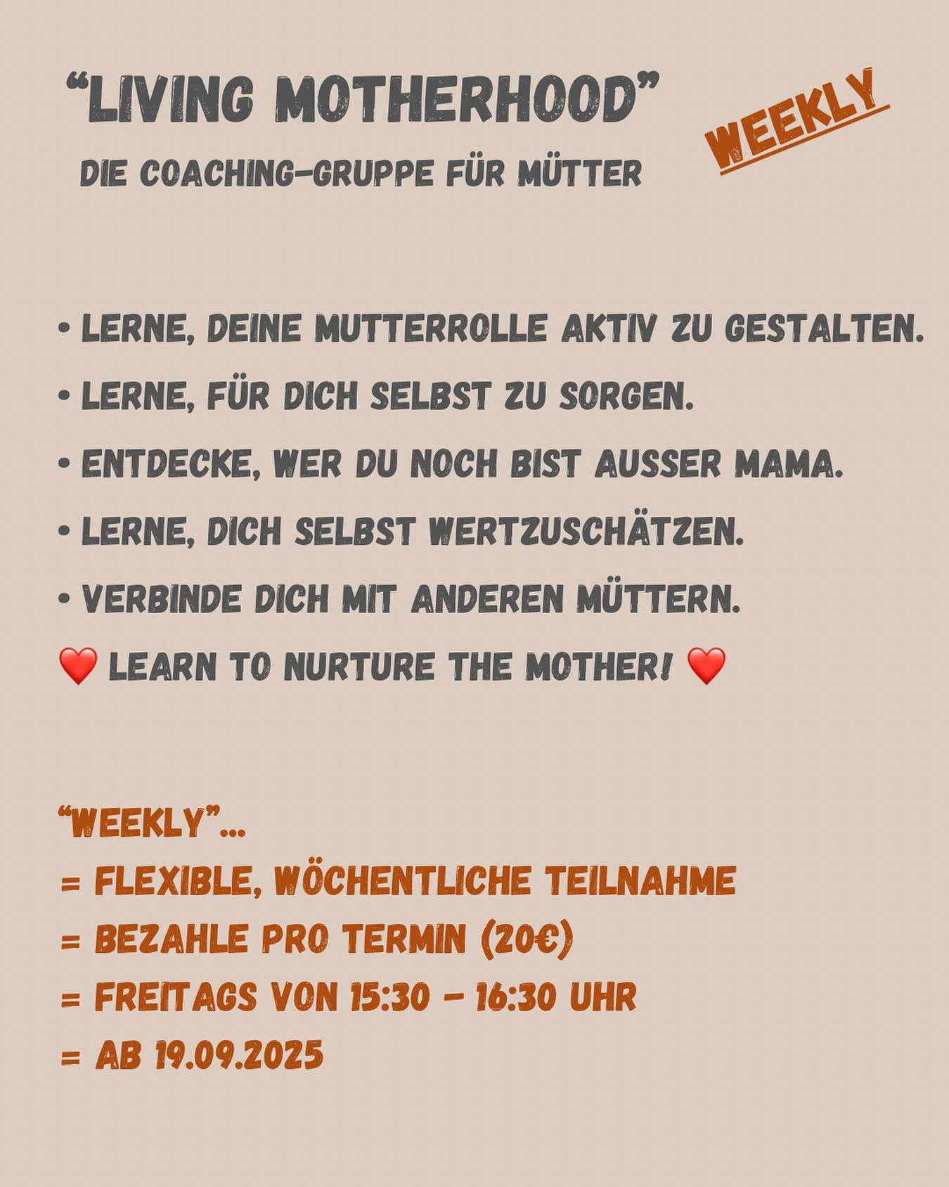 Ab nächster Woche gibt es Living Motherhood flexibel wöchentlich, das heißt:
🔸Ihr könnt euch ganz nach eurem Bedarf für einzelne Termine einbuchen.
🔸Pro Woche gibt es ein Motto/einen Denkanstoß, an dem wir während der Gruppensession arbeiten.
🔸Das Motto gebe ich am Anfang der Woche bekannt.
Ab dem 19.9.2025 geht’s los im @pranaplace.yoga in Köln-Klettenberg.
Anmeldung per DM oder an kontakt@hannah-bendel.com.
🔹Living Motherhood - lebe deine Mutterschaft! 🔹