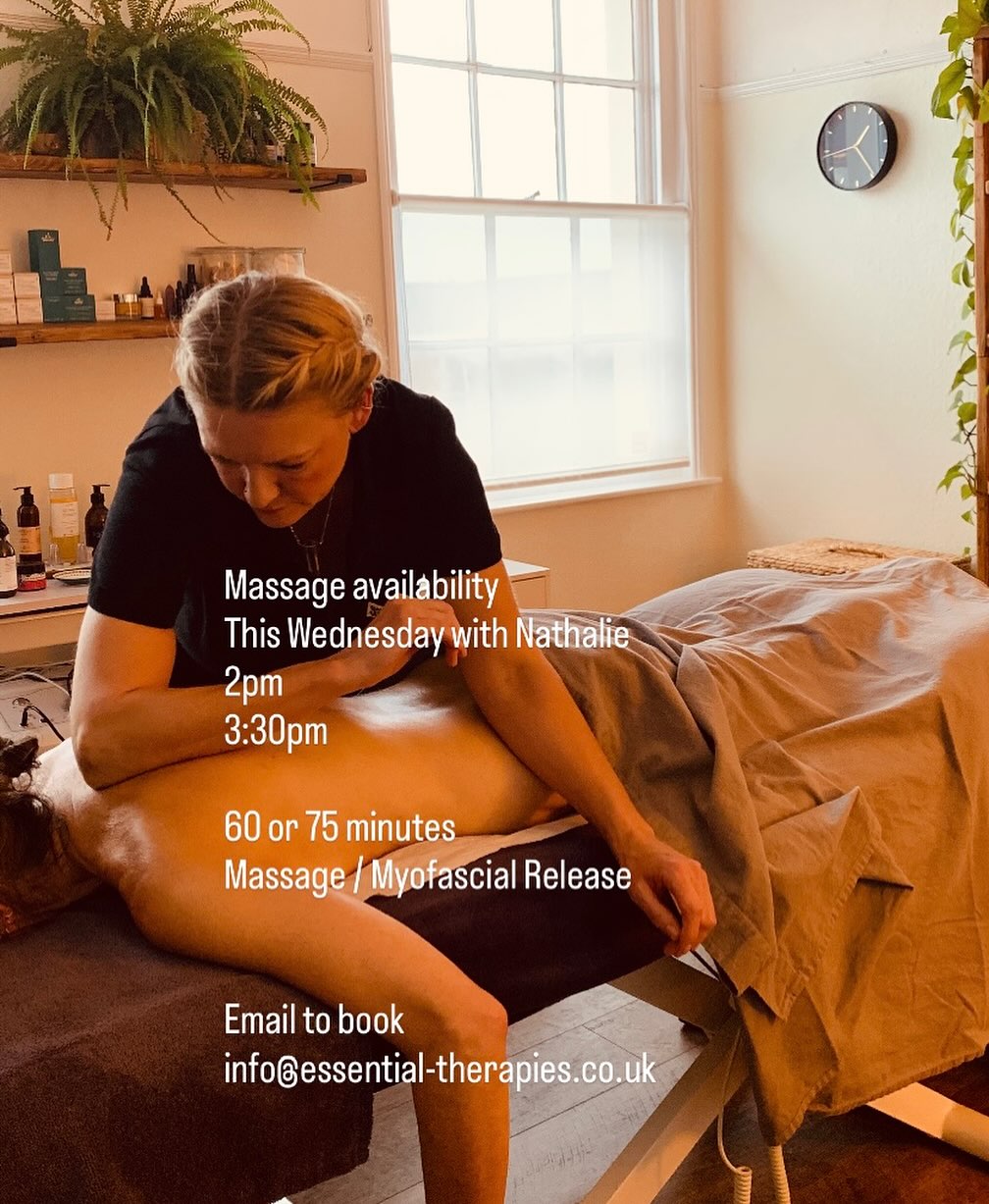 Appointments available for restorative, remedial massage and myofascial release with Nathalie @essential.therapies.sidmouth this Wednesday.
Email info@essential-therapies.co.uk
To book your appointment.
#myofascialrelease #massagetherapist #treatmentroom #therapyroom #reallygoodthings #feelgood #wellness #wellbeing #sidmouth #devon #eastdevon