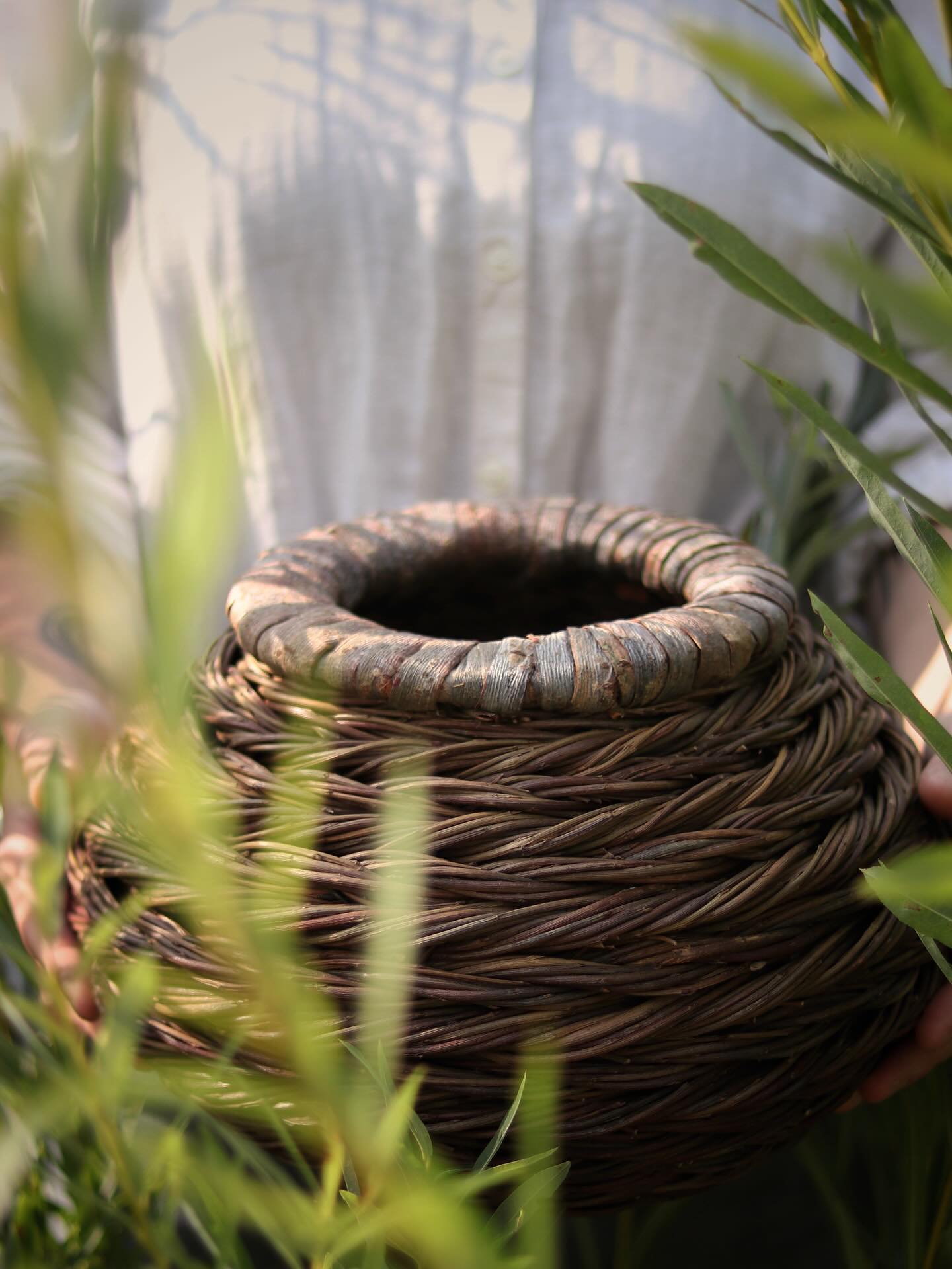 Sculptural herringbone baskets with borders wrapped in willow bark.
When I’m weaving these baskets my focus is firstly on the form, chasing the curves I love to create. The herringbone rope-like texture is made by working with multiple thin rods at a time combining the beautiful natural colours of our own home-grown willow.
Sarah 🌿