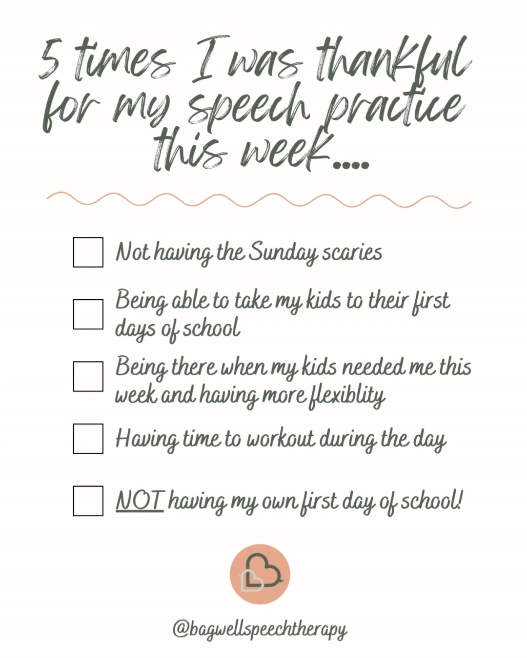 Sometimes running this speech practice is NOT what I signed up for. Between insurance headaches, scheduling, and the PAPERWORK, it can get exhausting. But other times I am able to stop and really appreciate how grateful I am for this job, what I was able to build, the families that have trusted me with their children, and how it allows me to be there for my family more than I ever could still working in the schools.
#gratefulpost #bagwellspeechtherapy #smallbusinessowner #SLP #speechtherapy