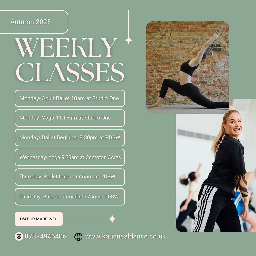 ๐Where to find me ๐
๐๏ธ Autumn Term starts on Monday so Iโm back baby!
โจClasses listed are open to everyone but levels may very. 18+
๐ป For Studio One and PDSW classes please book with them. For Compton Acres Yoga book via my website
๐ฏ Under 18โs classes are bookable through the appropriate dance schools. Certain classes are audition only
โ๏ธ Message me for more info #dance #bournemouth #ballet #contemporary