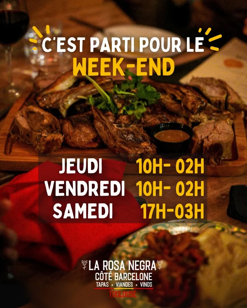 « 🎉 C’EST PARTI POUR LE WEEK-END ! 🎉
À La Rosa Negra – côté Barcelone, on t’a préparé un programme qui sent bon la fiesta :
🍹 Apéro qui régale
🍽️ Tapas & bonne bouffe à partager
🎶 DJ pour mettre le feu
🔥 Grosse bringue
📍 La Rosa Negra Toulouse – côté Barcelone - 1 Bd Maréchal Leclerc, 31000 Toulouse
⏰ Horaires :
Jeudi & Vendredi : 10h – 2h
Samedi : 17h – 3h
Dimanche : 17h – service continu
➡️ Viens trinquer, danser et profiter d’une super ambiance ❤️🔥
#LaRosaNegra #Toulouse #TapasToulouse #SortirAToulouse #RestaurantToulouse #BarToulouse #ApéroToulouse #DJSetToulouse #FiestaToulouse #CôtéBarcelone »
