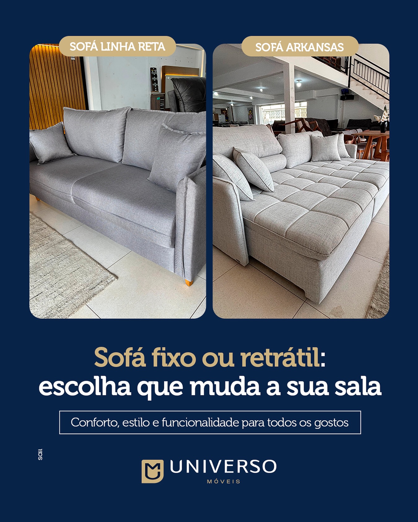 Do retrátil ao fixo, cada sofá tem seu charme, seu conforto e sua funcionalidade.
O Sofá Arkansas é ideal para quem busca versatilidade no dia a dia. Com retrátil de 1,85m, reclinação com catraca blindada e duplo molejo, é perfeito para quem adora transformar a sala em um verdadeiro espaço de descanso.
Já o modelo fixo da nossa linha reta une praticidade e design elegante, com pés em madeira, tecido linho e espuma soft no assento — tudo com o conforto que a sua sala merece.
Ambos cabem bem em salas compactas ou maiores, oferecendo estilo e aconchego, cada um à sua maneira.
E o melhor: você pode ver de perto cada detalhe aqui na Universo Móveis!
📲 Entre em contato e descubra qual modelo combina mais com o seu estilo de vida. Temos diversas opções te esperando.
