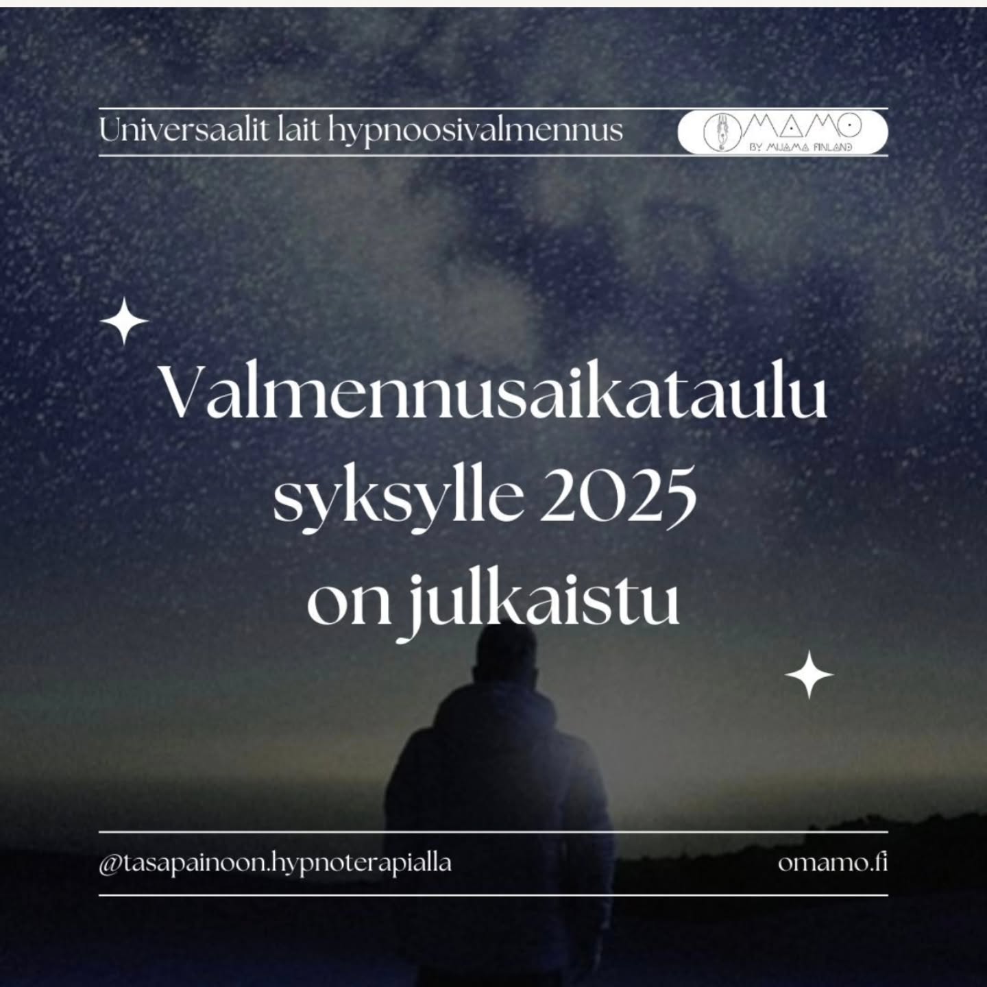 🌟 Universaalit lait -valmennus alkaa 18.9. 🌟
Tule mukaan yhdelle elämäsi muuttavalle matkalle. Lue lisää osoitteessa: omamo.fi/universaalit-lait-hypnoosivalmennus
🌟 Valmennus aikataulu syksylle 🌟
Vko 38 to 18.9.: Ykseyden laki
Vko 39 to 25.9.: Tietoisuuden laki
Vko 41 to 9.10: Resonanssin laki
Vko 42 to 16.10: Kokeilun laki
Vko 43 to 23.10: Elämänvoiman laki
Vko 45 to 6.11.: Tasapainon laki
Vko 46 to 13.11.: Intention laki
Vko 47 to 20.11.: Potentiaalin laki
Vko 49 to 4.12.: Akashan laki
Vko 50 to 11.12.: Transformaation laki
Vko 51 to 18.12.: Rakkauden laki
Voit valita koko valmennusohjelman puoleksi vuodeksi saatavillesi kuukausimaksulla tai vuodeksi kertamaksulla tai osallistua niihin verkkovalmennussessioihin, jotka sopivat sinulle aikataulullisesti.
#hypnoosivalmennus