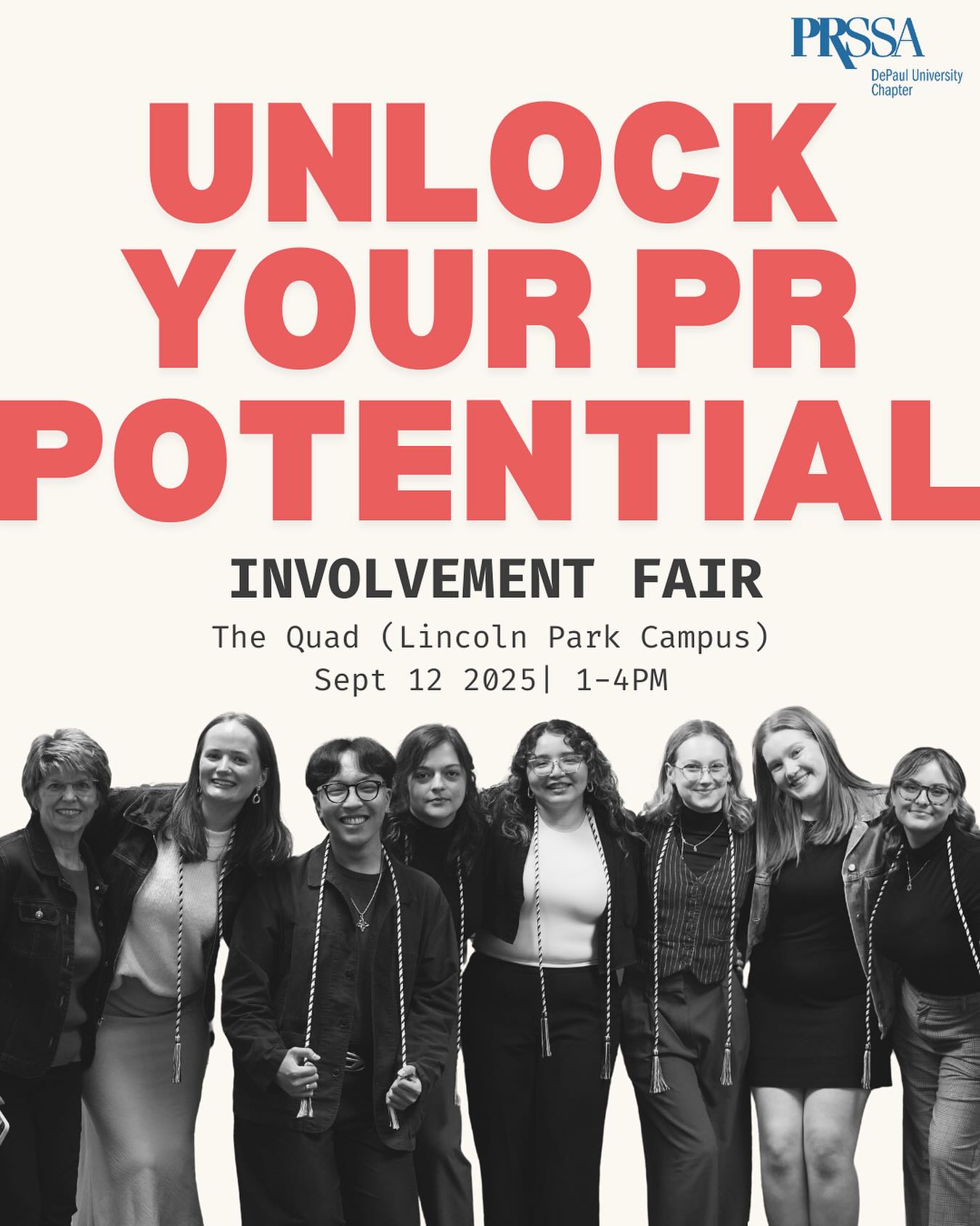 Come unlock your public relations potential with the DePaul University Chapter of the Public Relations Student Society of America (PRSSA)!
We’re an award-winning student organization that has helped launch the PR careers of many former members. If you’re looking to elevate your PR career, come chat with current executive board members and learn how they have benefited and grown from being part of PRSSA. 💫🌟✨
We welcome students from all majors because we believe that communication is an inherently human trait and everyone has skills in PR! Through panels, workshops, and networking events, we can help uncover that hidden talent in you! 💙
📍 The Quad | Sept 12 | 1–4 PM