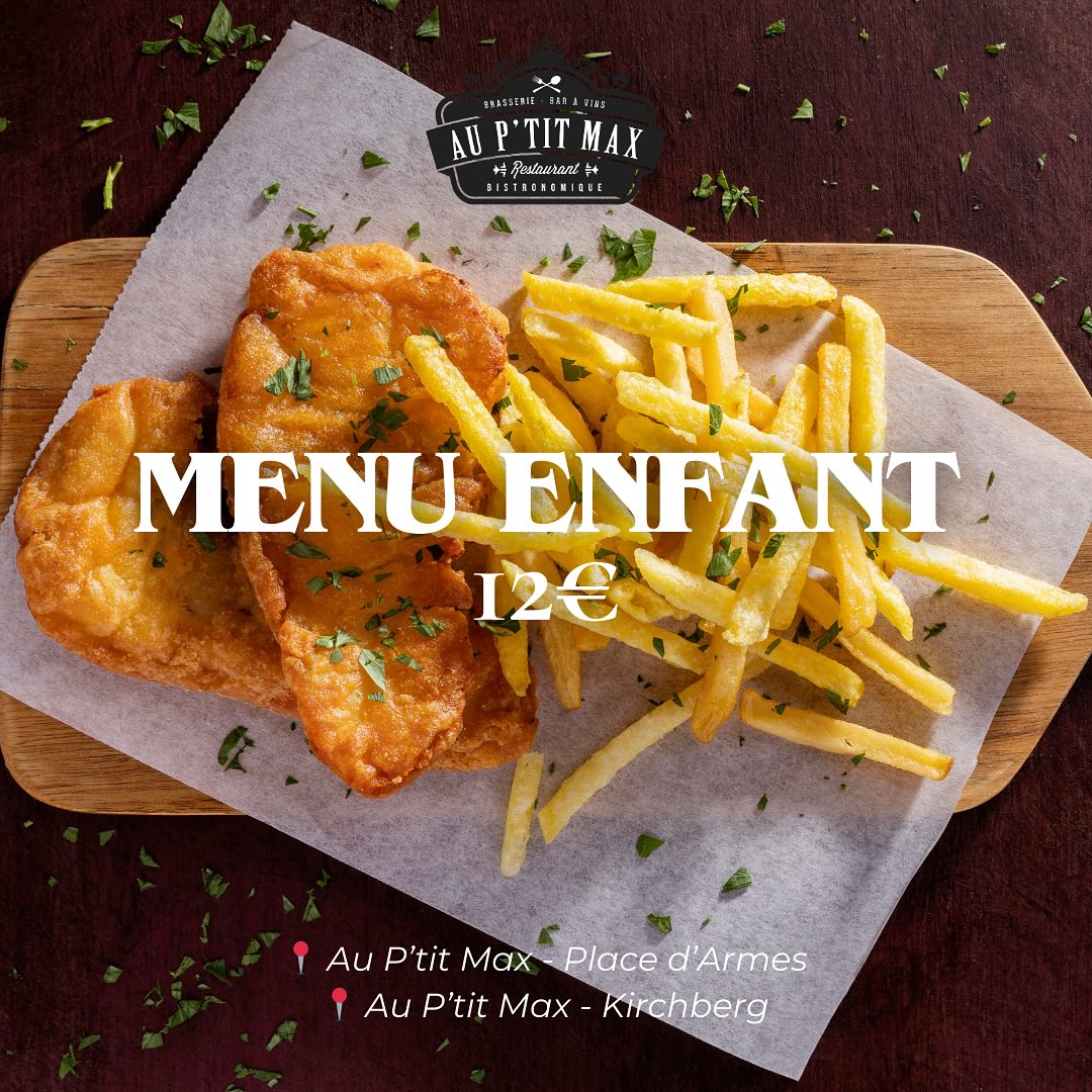👶🍔 𝐑𝐚𝐩𝐩𝐞𝐥 𝐬𝐩𝐞́𝐜𝐢𝐚𝐥 𝐩𝐨𝐮𝐫 𝐧𝐨𝐬 𝐩𝐞𝐭𝐢𝐭𝐬 𝐠𝐨𝐮𝐫𝐦𝐚𝐧𝐝𝐬 !
Nos 𝙢𝙚𝙣𝙪𝙨 𝙚𝙣𝙛𝙖𝙣𝙩 𝙖̀ 12€ sont disponibles dans vos restaurants :
- Au P’tit Max – Place d’Armes
- Au P’tit Max – Kirchberg
Plat + accompagnement + dessert 🍟🍨, différents selon les saisons… le tout servi avec le sourire !
Parfait pour un repas en famille ou entre amis.
#MenuEnfant #AuPtitMax #PlaceDArmes #Kirchberg #RepasEnFamille #GourmandsEnHerbe