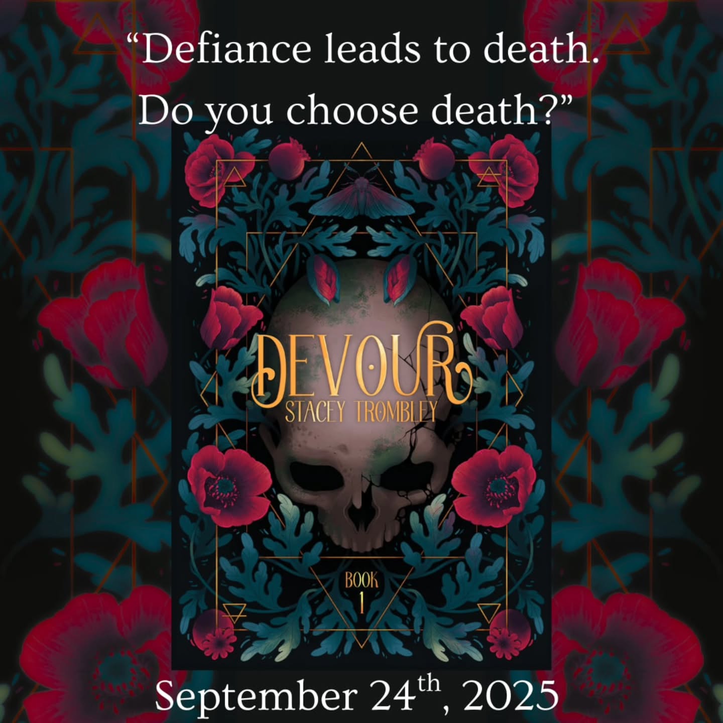 The masked warrior studies me like I’m a creature he doesn’t yet understand. And then, his arms are around me, and I am off the ground.
I recoil, thrashing in his arms, but he holds me tight, and soon, we are moving again. I’m back in that moment when he took me. Threw me over his shoulder like a sack of meat—an already butchered pig ready to be cooked on the pyre.
“Calm down, Lina.”
I blink, shocked at his use of my name. That isn’t what he’d called me before. Rat or mouse or dove. Prey animals. Weak, fearful things only good for eating.
My heart still beats faster than a bunny’s, but I realize I am swaying gently in his arms. I am not thrown over his shoulder like before. He is cradling me like a child.
It’s almost as horrifying if only because it feels so gentle.
Slowly, despite my discomfort of being treated like an infant, my heart begins to slow and my breathing evens out.
“You’re safe,” he tells me. “As safe as you can be here.”
Does that have any meaning at all? I don’t ask.
The warmth of his chest, the tightness of his arms, and the rhythmic swaying as he walks, lulls me into a sense of ease, and my body begins to relax.
After a few minutes, he sets me gently on feet. His arms remain around my waist until I’m holding my own weight.
“Are you cold?”
“No.” Because of the warmth he just leant me, but I won’t tell him that.
He places his finger under my chin, lifting gently until I meet his eye once more. “Do you remember what I told you last night?” His voice is hushed but firm. Almost like the tone of one lover to another.
My stomach twists. Why did I think that? He is anything but a lover, no matter what he’ll expect from me later.
“Defiance leads to déath,” he tells me. “Do you choose déath?” It sounds like an honest question rather than a threat.
I shake my head, frozen in his sight.
“Good girl.”
Devour by Stacey Trombley is out September 24th!
#bookgram #bookstagram #romantasy #instareads #fantasyromance #enemiestolovers