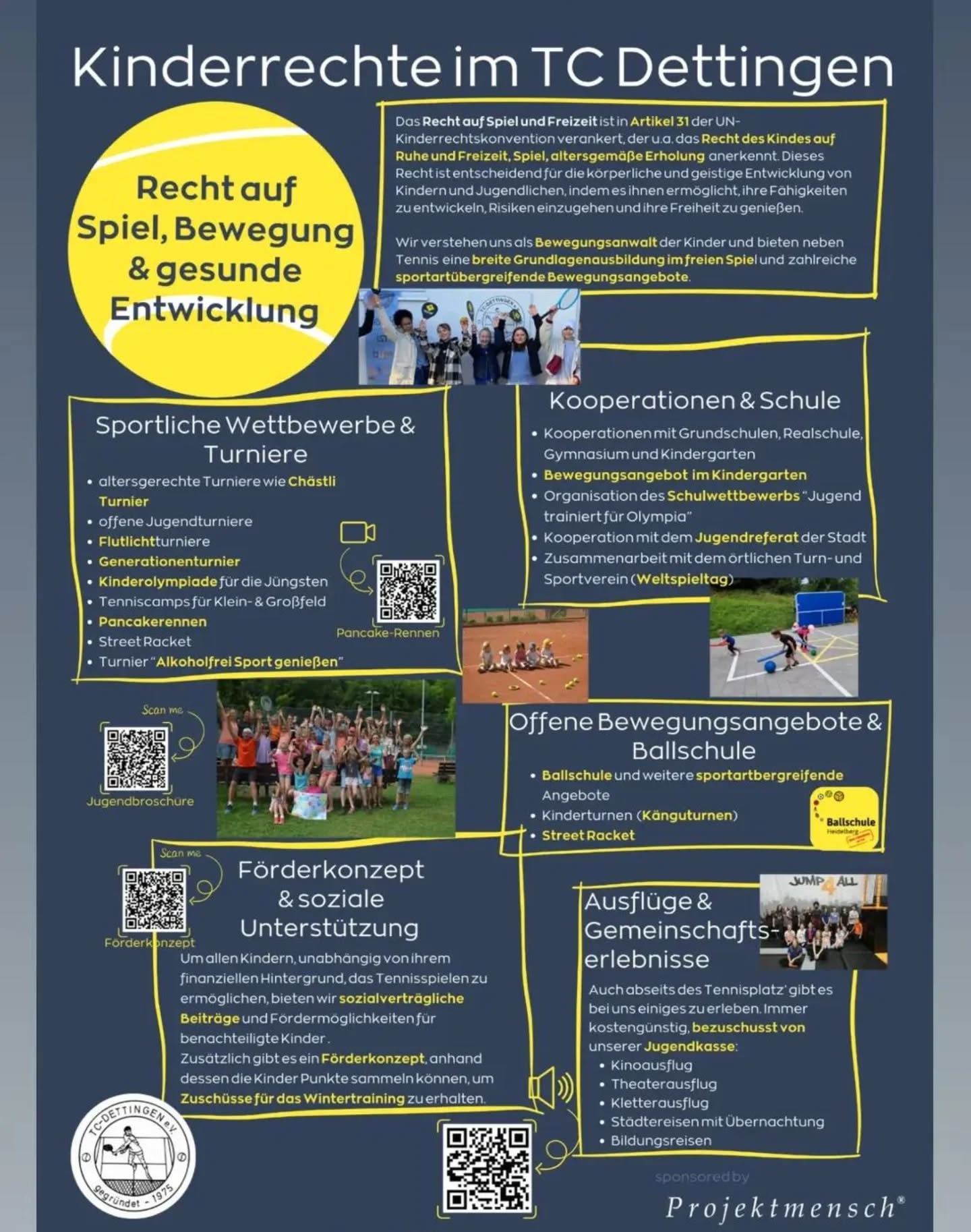 Kinder haben Rechte! Wir bewegen Kinder - Kinder bewegen uns. Das Recht auf Beteiligung und Mitbestimmung.
Nach Jugendworkshop und intensiver Vorbereitung sind wir stolz, zum 50 jährigen Vereinsjubiläum die Ausstellung "20 Jahre Kinderrechte im Tennisclub Dettingen" präsentieren zu können. Eröffnet wird die Ausstellung am Jubiläumsabend, 06. September 2025, auf der Vereinsanlage. Zu sehen sind 7 Tafeln über sportrelevante Kinderrechte aus der UN Kinderrechtskonvention und der Überblick über die damit verbundenen Jugendprojekte im Verein. #dsj #stb #wlsb #kinderrechte #unkinderrechtskonvention #beteiligung #Jugendbeteiligung #tcdettingen_horb #horb #deutscheskinderhilfswerk #wtbtennis #dtbtennis