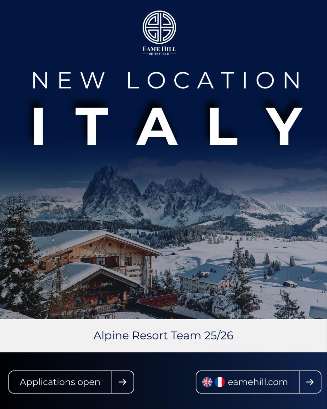 🌍 New for 25/26: Italy Added to Our Alpine Operations 🇮🇹❄️
We’re excited to be launching operations in Italy for the upcoming 25/26 winter season. With this addition, our teams will now be active across:
France 🇫🇷
Andorra🇦🇩
Italy 🇮🇹
This expansion reflects our commitment to:
✅ Enhancing cooperation with local authorities and resort partners
✅ Delivering safe, seamless and positive guest experiences
✅ Creating valuable development opportunities for our teams
📌 Recruitment for the Alpine Resort Team 25/26 Season is now open – Register your interest at https://www.eamehill.com/careers
One team. Many peaks. 🗻
#eameHill #winterroles #alpineresorts #italy2025 #welfaresupport #eventsafety #medicalresponse #eamehillinternational