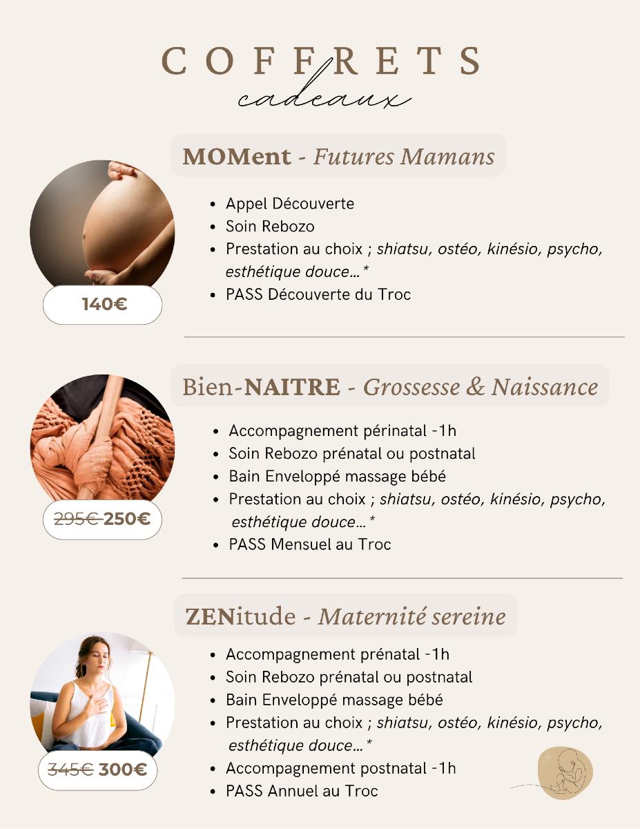 🎁 Nos BOX Coffrets Cadeaux sont arrivés !
Le Centre Périnatal de Brignoles vous propose désormais des coffrets bien-être et des cartes cadeaux spécialement pensés pour les futures et jeunes mamans. ✨
Une attention unique à offrir lors d’une baby shower, d’une naissance ou simplement pour accompagner ce moment de vie si précieux.
💝 Des soins sur-mesure, des accompagnements doux, et des praticiennes qualifiées pour prendre soin de la maman et du bébé, en toute confiance.
--
👶 Coffret MOMent – Future Maman
Une bulle de bien-être et de reconnexion pour se préparer sereinement à la naissance.
→ Appel découverte, soin Rebozo, prestation bien-être au choix* + PASS découverte du Troc.
--
🤱 Coffret Bien-Naître – Grossesse & Naissance
Un cocon tout doux autour de la maternité.
→ Accompagnement périnatal, soin Rebozo, bain enveloppé + soin au choix* + PASS mensuel du Troc.
--
💞 Coffret Zénitude – Grossesse & Postpartum
Le plus complet pour prendre soin de la maman avant et après la naissance.
→ Accompagnements prénatal & postnatal, soin Rebozo, bain enveloppé, soin au choix* + PASS annuel du Troc.
--
Possibilité de carte cadeau, à offrir en solo ou à plusieurs (famille, amis, collègues, entreprises).
Pour commander, offrir ou en savoir plus : contactez-nous par message, directement au Centre et sur notre site - https://www.centreperinatalml83.fr/carte-coffret-cadeau
* prestations au choix, selon l'équipe en place et disponibilités ; shiatsu, acupuncture, kinésiologie, ostéopathie, nutrition, sophrologie, soin énergétique, massage, esthétique douce, psychologie...
Offrez plus qu’un cadeau : offrez du temps, de l’écoute et du soin. 🌿