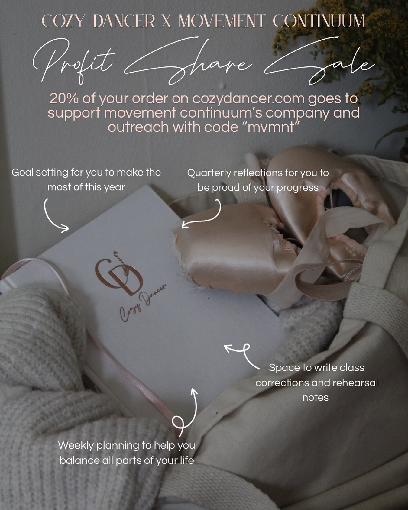 Cozy Dancer is more to me than just journals, it’s also about building a dance community that is about building up and supporting yourself and others. This month, 20% of sales will support @mvmntcontinuum, a company that has become my home.
Explore the Cozy Dancer Journal, our best-selling Dancer Body tee, and more at cozydancer.com. Every order supports your growth as a dancer, and now helps sustain @mvmntcontinuum’s incredible work.
If your studio, company, or dance non-profit would like to partner through a profit share, I’d love to hear from you.