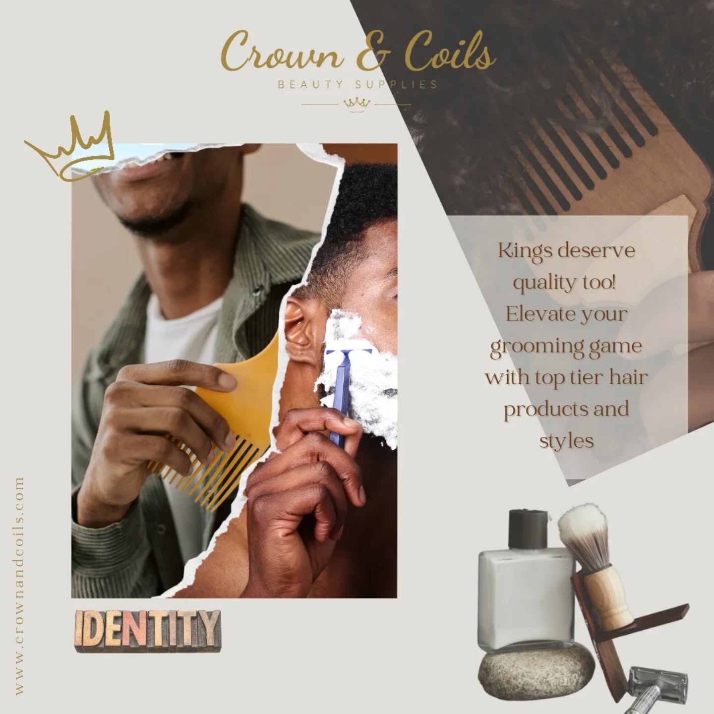 Kings deserve the Crown too 👑 At Crown & Coils, we've got everything you need to keep your grooming game sharp. Top tier hair care to must have styling essentials. Because your identity is power 💈🤎