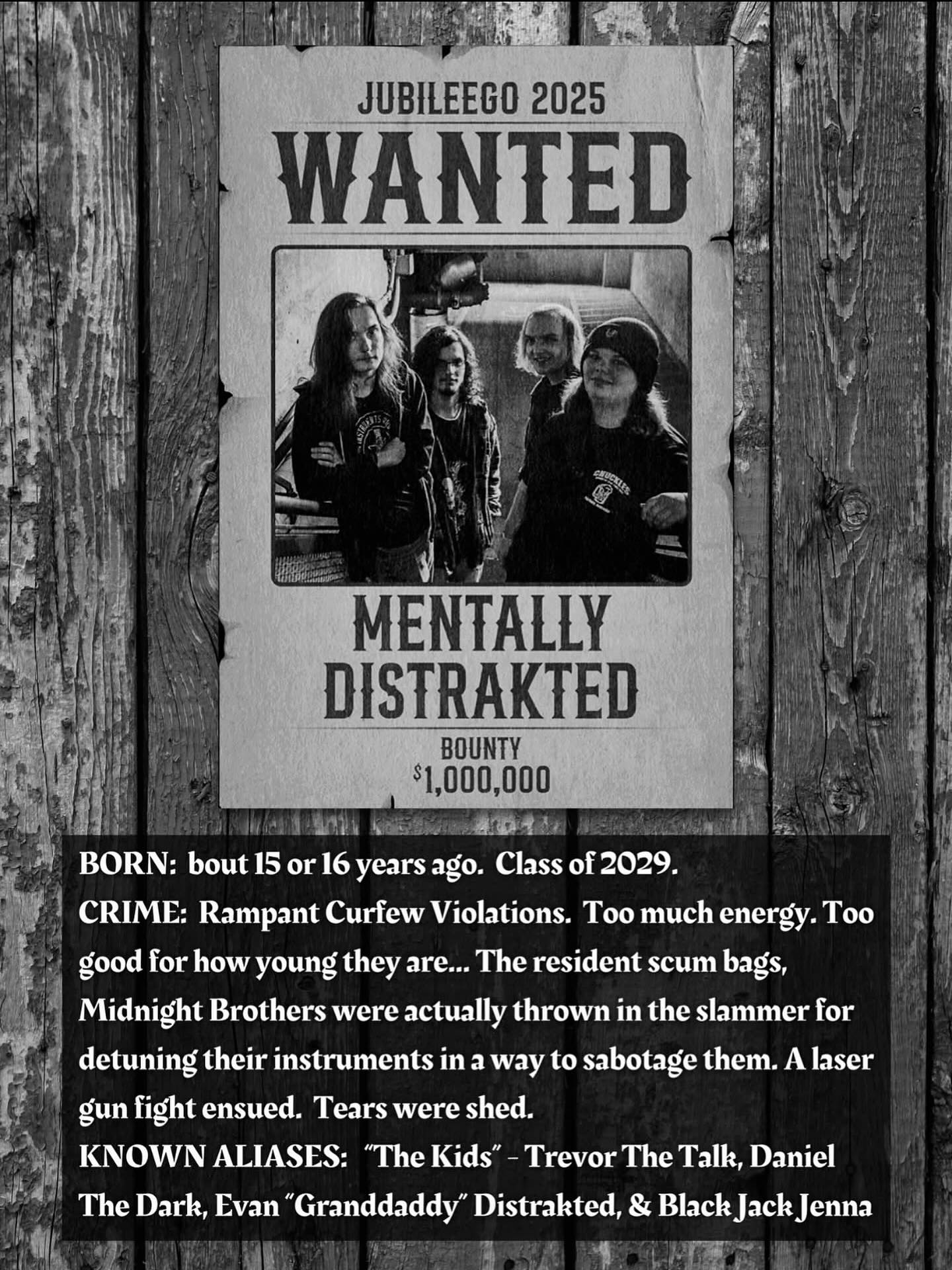 WANTED!
Will you catch us at Jubileego?
We’re playing a set on the 26th!
This town ain’t big enough for the four of us. 🤠
(what?)
#localmusic #mentallydistrakted #jubileego #festival #artsandmusicfestival