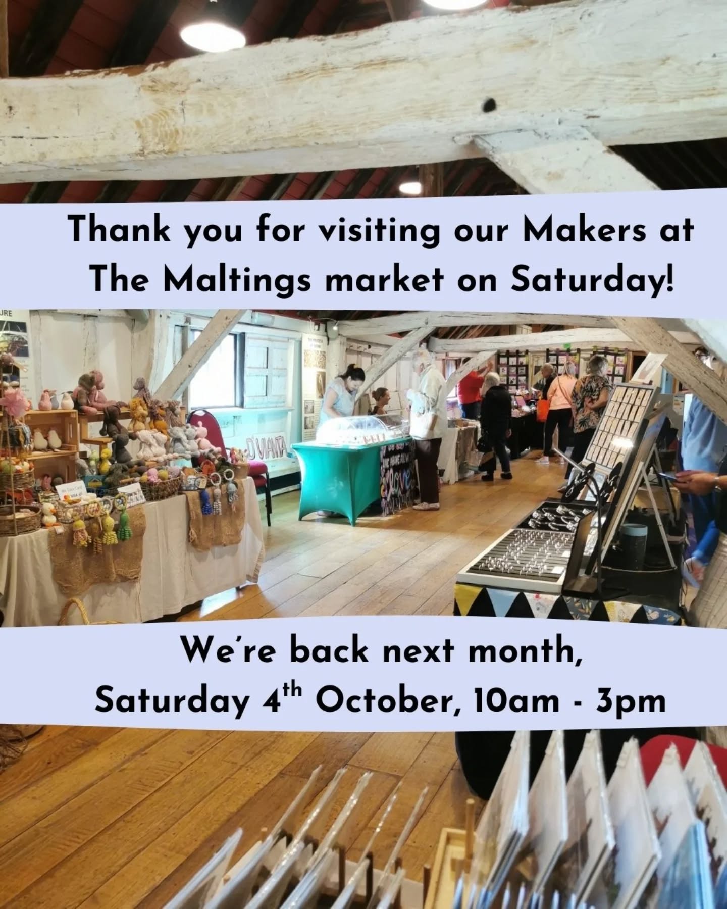 A big thank you to everyone who visited out September Makers at The Maltings Market on Saturday ❤️
Our market runs each month and brings a variety of local handmade small businesses to you right here in Dunmow.
It's inside Great Dunmow Maltings on the first Saturday of the month for the rest of the year. Entry is free so why not pop along and see for yourself?!
What's more the market helps support the upkeep of The Maltings, which is also home to the Dunmow Museum (open downstairs).
Our next market is Saturday 4th October, we'd love to see you there!
#GreatDunmow #WhatsOnInEssex #HandmadeEssex #ShopSmallEssex #DiscoverUttlesford