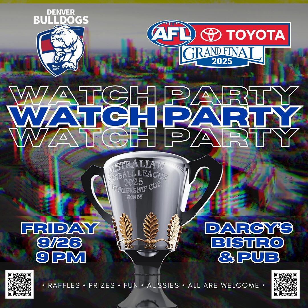 📣Join us at Darcy’s Bistro and Pub an AFL Grand Final watch party!!! Terrific Aussie pie and drink specials starting at 9:00 pm, and first bounce scheduled for 10:30 pm.
Bet with score squares through the QR code (think Super Bowl squares for the halftime and full time scores) Bets for the first goal scorer and the Norm Smith medalist (MVP) are also available!
We hope to see you at Darcy’s, but even if you can’t make it you’re eligible to play!