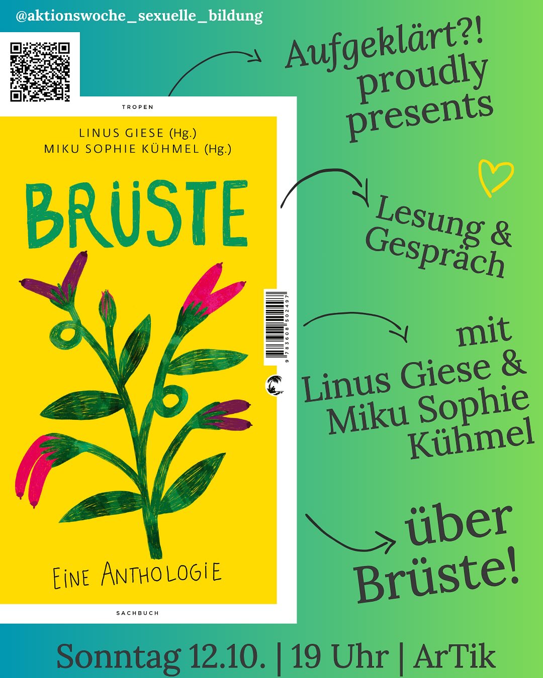 @aktionswoche_sexuelle_bildung präsentiert ⚡️🔥⚡️🔥⚡️🔥
Am So 12.10.25 um 19 Uhr @artikfreiburg
Lesung & Gespräch mit Linus Giese @linus_giese und Miku Sophie Kühmel @miku_soku
BRÜSTE- Eine Anthologie @klettcottaverlag @tropenverlag
Moderation: Oliwia Hälterlein @oliwia_strange
mit freundlicher Unterstützung vom tollsten Buchladen @josfritz.buecher
⚡️Warum Brüste so viel mehr sind als nur ein Körperteil⚡️
⚡️Brüste werden nie übersehen, aber selten wirklich angeschaut. Diese Texte verhandeln ein oft objektifiziertes Körperteil als das, was es eigentlich ist: etwas wahnsinnig Subjektives. Ein Buch, das unsere Sichtweise verändert. Mit Beiträgen von:
Daniela Dröscher @danieladroescher, Antje Rávik Strubel @antjeravikstrubel, Bettina Wilpert @bettinawilpert, Nils Pickert @pickinese, Sarah Berger, Dr. Michaela Dudley @michaela.dudley_official, Biba Oskar Nass @biba_oskar_nass_ , Angela Lehner @angela_lehner, Kirsten Achtelik @sash_acht, Audrey Naline @theaudreynaline
⚡️Wer darf seine Brüste offen zeigen und wer nicht? Was sagt die Betrachtung und ständige Beurteilung dieses Körperteils über unsere Gesellschaft aus? Wie funktioniert Sexualisierung, was sind die Mechanismen dahinter und wie machen wir uns von ihnen endlich frei? Was würden wir im Gespräch über Brüste gern mal laut aussprechen oder schwarz auf weiß lesen? Und was können wir nicht mehr hören? Mit diesen und weiteren Fragen setzen sich die Autor*innen in ihren Texten auseinander und schließen damit eine große Lücke: vielstimmig, gewichtig, inspirierend.
Tickets: @artikfreiburg link in Bio!
@hannah_katinka Danke für mitorga & wohlfühlmanagement 💕💋
#brüste #lesung #aufgeklärt #sexuelle #bildung #freiburg #artik