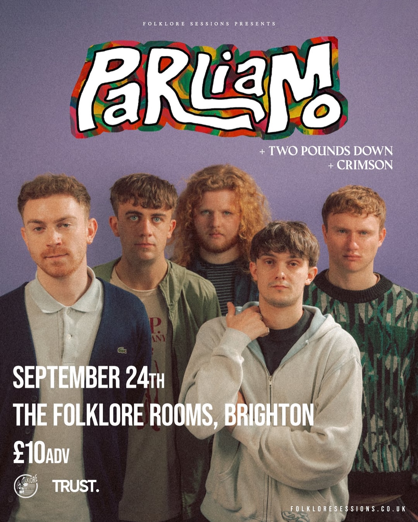 📣 SUPPORT ANNOUNCEMENT 📣
Joining Parliamo (@parliamoband) on September 24th is Two Pounds Down (@twopounds.down) and Crimson (@itscrimsonband) 🫶
Bringing together witty social commentary with a distinctive songwriting approach, Parliamo are one of Scotland’s most exciting young prospects.
Tickets available via the website NOW 🖤
FOLKLOREx