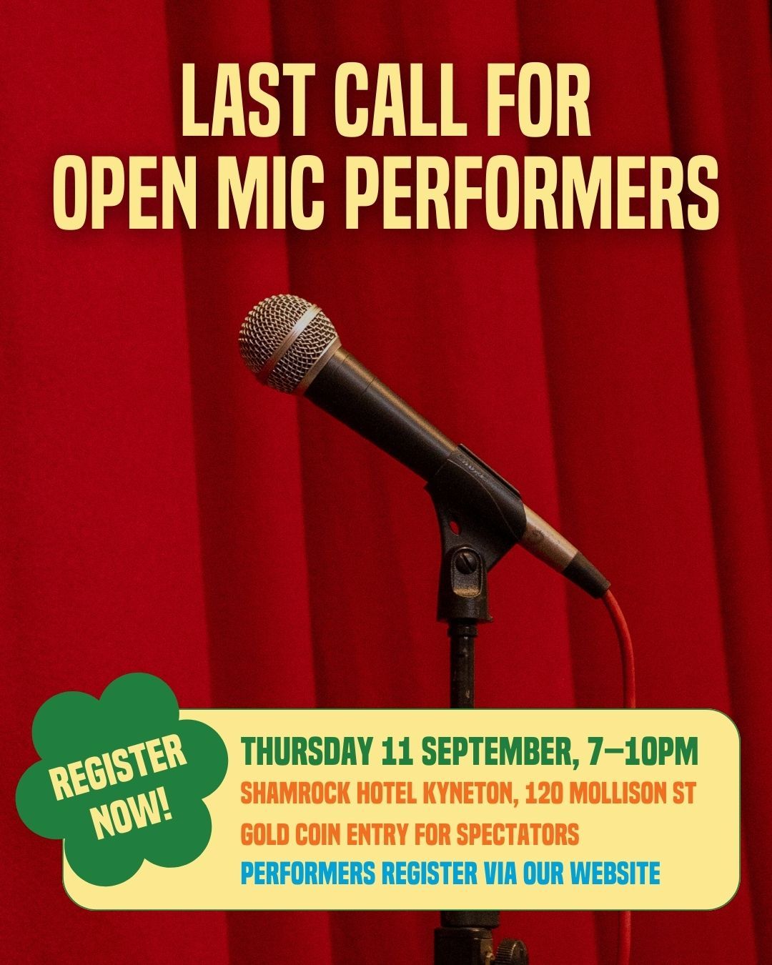Last call for performers at the Open Mic Night—Thursday 11 September, 7–10pm at the @shamrockhotelkyneton. Sign up now via our website to get on stage.
Spectators are welcome too—just bring a gold coin for entry and enjoy a night of local talent. Food and drinks available at the bar.
Register or find all the details on our website
--
The Kyneton Daffodil & Arts Festival
📍 5–14 September 2025
Supported by Major Sponsors @kynetononriverside
Visit our website to view all events and sponsors.
.
.
.
.
.
#kynetondaffodilandartsfestival #kyneton #daffodilfestival #macedonranges #visitmacedonranges #macedonrangesnaturallycool #daylesfordmacedonranges #daylesfordmacedonrangeslife #onehouroutofmelbourne #openmicnight #localtalent #communityevent