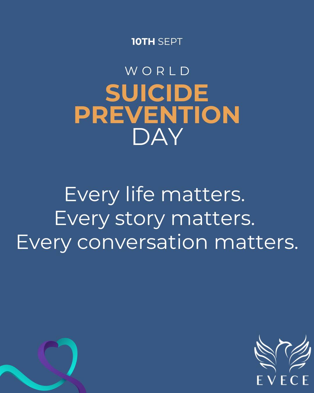 💜🩵 Today is World Suicide Prevention Day.
Every life matters. Every story matters. Every conversation matters.
If you or someone you love is struggling:
📞 Call or text 988 to connect with the Suicide & Crisis Lifeline.
💬 Reach out to a friend. Check in. Listen.
Together, we can break the silence and bring hope. 💛
.
.
.
#WorldSuicidePreventionDay #YouAreNotAlone #EVECEFoundation