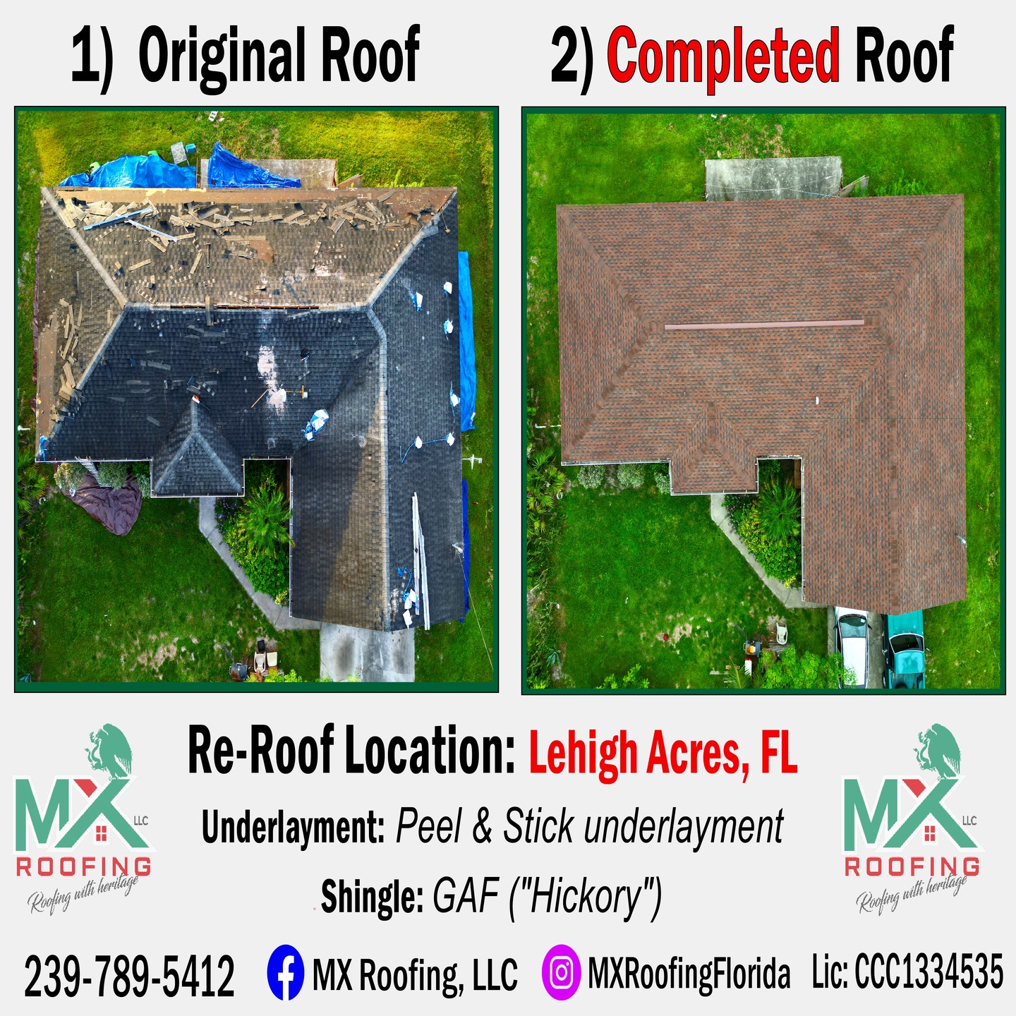 🏠 Lehigh Acres Roof Transformation!
This week, our crew gave this home a serious upgrade with GAF Hickory shingles and a full Peel & Stick underlayment system. The result? A roof that’s not only hurricane-ready but also adds instant curb appeal.
We love how the warm Hickory color pairs with the home’s style — a small change that makes a big difference.
👷♂️ Whether it’s time for a replacement or you just want peace of mind before storm season, we’re here to help.
📲 Message us today to schedule your inspection — let’s make your home the next success story!
Call or text us at 239-789-5412
Email: MXRoofingFlorida@gmail.com