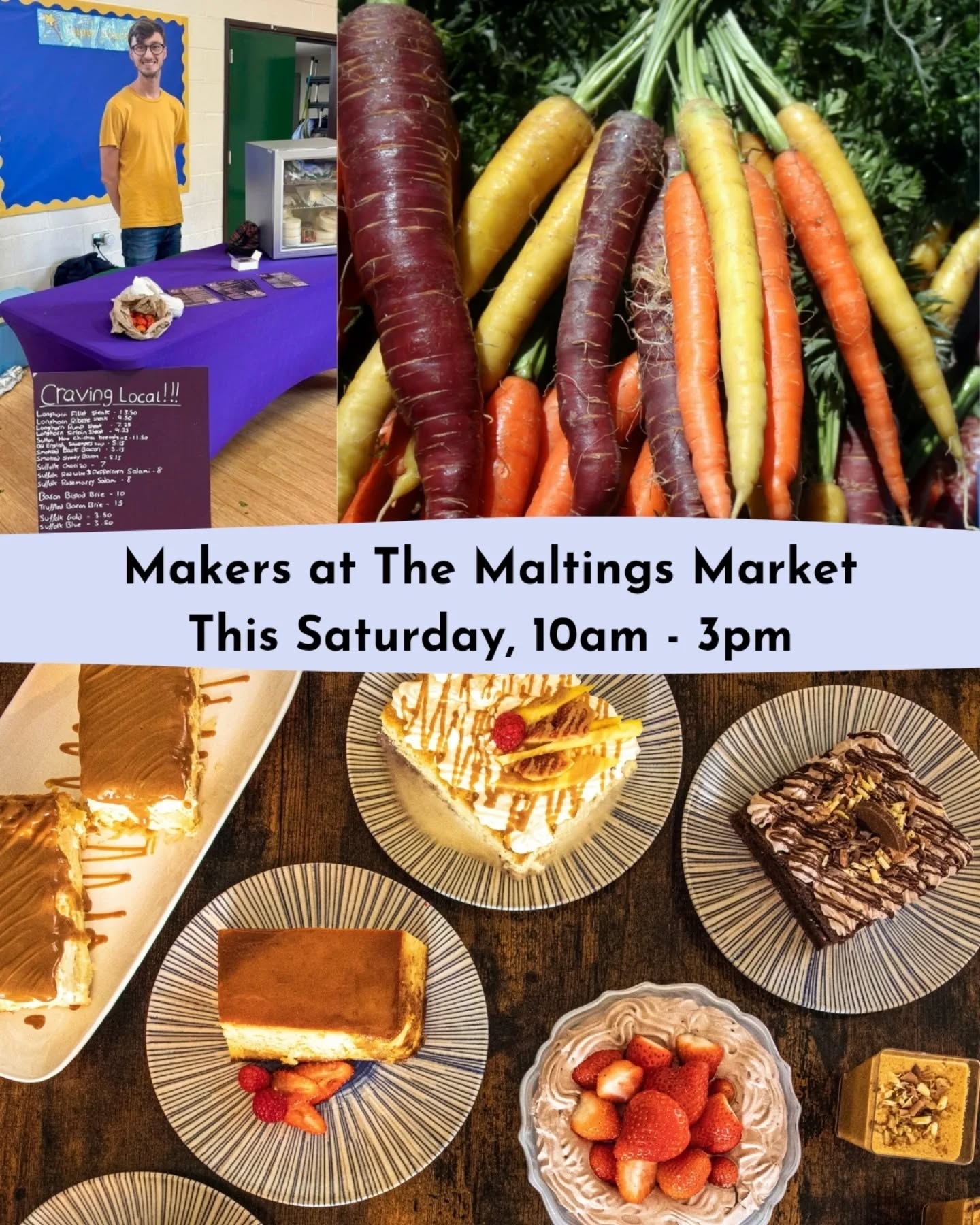 Let's talk food! Joining us at tomorrow's market we have @dviantagroup returning with their delicious desserts and for the first time @crvnlocal with a selection of fresh produce and cheeses!
Craving Local brings together the best of Essex’s farms and producers, delivering fresh organic vegetables, high-welfare local meat, and other seasonal treats straight to you! They're passionate about sustainability and supporting small businesses, making it easy for you to enjoy quality food while backing the farmers who grow and raise it.
D’vianta Cakes and Desserts are a Latin American-inspired bakery based in Chelmsford. Angela will be bringing a colourful selection of sweet treats, including Tres Leches cakes, alfajores, profiteroles, waffles, and traditional Colombian buñuelos. Everything is made with love and a touch of home!
We can't wait to have both stalls join us inside The Maltings tomorrow from 10-3 and would love to see you there!
#GreatDunmow #EssexMarkets #DiscoverUttlesford