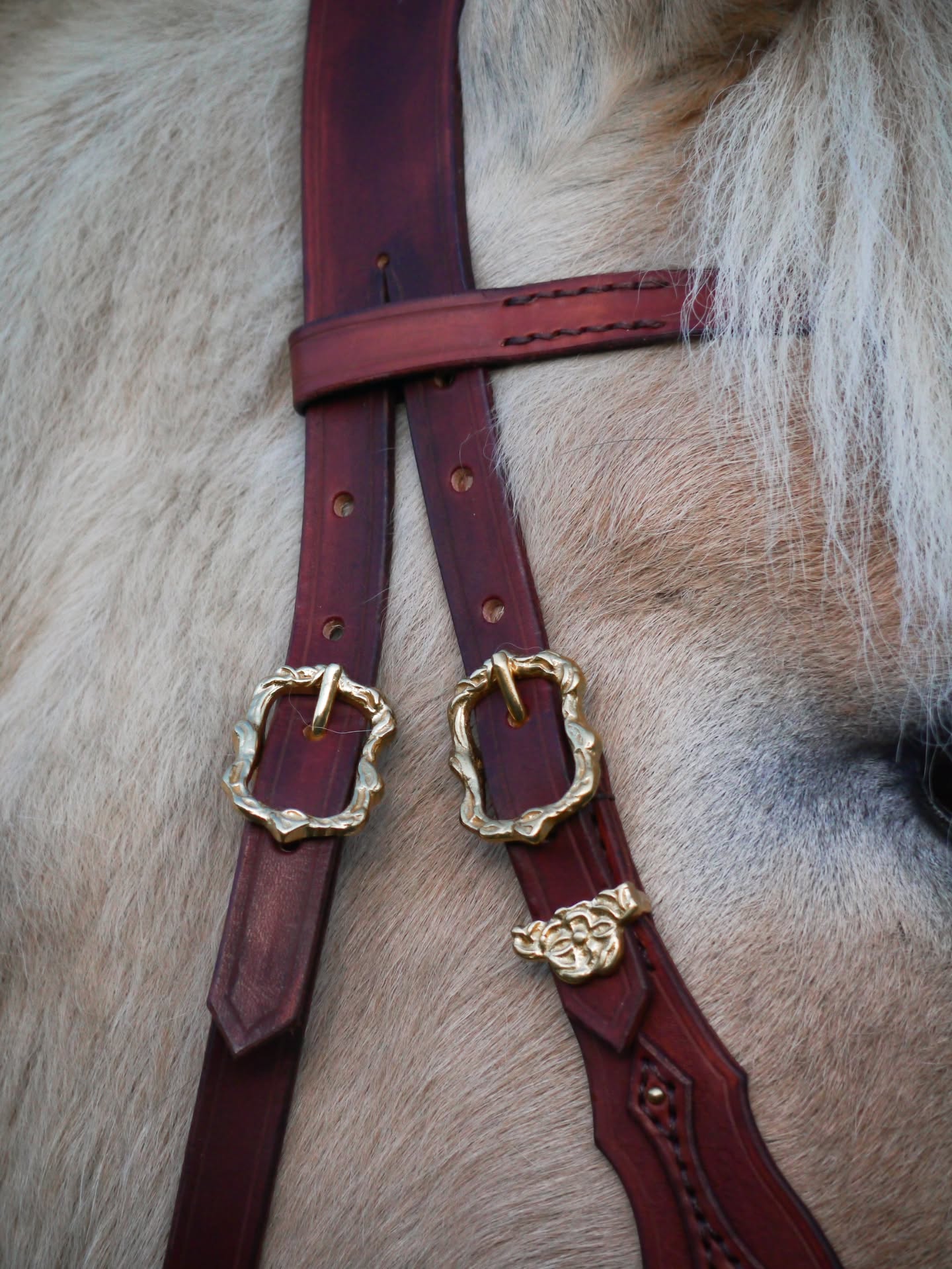 • Details hoofdstel kastanjebruin•
Dit fijne hoofdstel met gouden details heeft ondertussen zijn nieuwe thuis gevonden in 🇳🇱
Of ik nog last minute een tuig kon voorzien voor een bijzondere gelegenheid? Dat werd creatief zijn met de beschikbare tijd en middelen, maar moeilijk gaat ook!
Zo kozen we voor dit bruine hoofdstel, een paar clip-on-teugels in dezelfde kleur en kwam er een passend barok/Keltisch geïnspireerd borsttuig bij. 🤎💛
#atelierbyerica #leathercraft #handmade #horsetack #baroquehorsetack