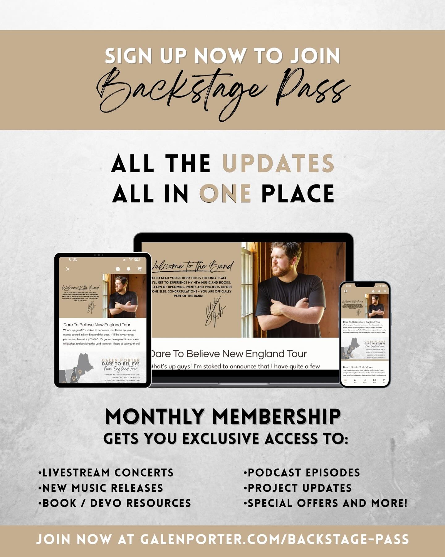 Whatās up guys! Today is the official launch day for my new Backstage Pass Monthly Membership and Iām pumped! š® This membership is the place where fans of my music will get access to new and exciting content released on a weekly basis every month! Check it out:
š„ - Livestream show on 1st Friday of every month
šµ - New Songs not available anywhere else
š¤ - Podcast episodes on faith, family, music, etc.
š - Ebook Devo resources on a variety of topics
āļø - Special merch items, ticket discounts, & more!
In honor of launch day, Iām holding my first Livestream tonight at 6PM EST. To join, just click the link in my Bio (galenporter.com/backstage-pass) and follow the sign up steps. Once you get the confirmation email, click the āVisit Siteā button and youāre in - simple!
For any of you that want to feel like youāre a part of the journey, with an inside look behind the music, and exclusive access to new content no one else can see, then I hope you will join BACKSTAGE PASS. With luck, youāll leave feeling encouraged, motivated, and inspired, with a fresh wind in your sails. God bless, I hope to see you out there!
_____________________________________________
@galen.porter to follow me for encouraging and inspiring music, and regular updates on upcoming projects!