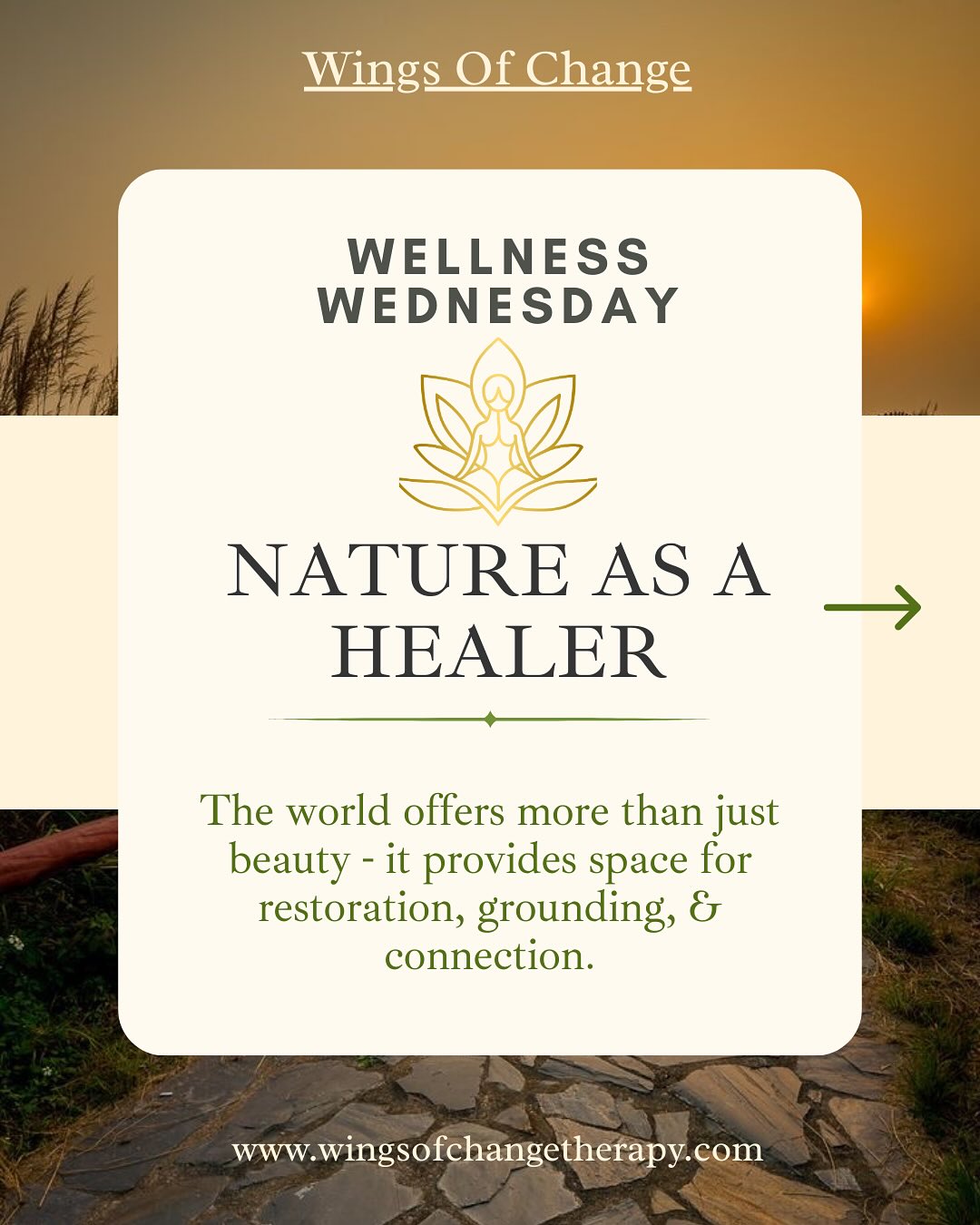 🌞 Wellness Wednesday is here, and today we’re reflecting on the power of the outdoors to restore mind and body.
🎍 Spending time outside is a gentle way to ground yourself. Whether it’s sitting under a tree, feeling the sun on your skin, or listening to birdsong, nature has a quiet way of reminding us to slow down.
🌱 Nature has a way of reminding us to slow down, breathe, and reconnect with ourselves. As therapists, we see the healing benefits of nature every day—whether it’s lowering stress, inviting mindfulness, or providing a sense of belonging. 🌞
✨ Friendly reminder: You don’t have to spend hours outdoors to feel the benefits. Even a few mindful minutes in nature can support your emotional well-being. What’s your favorite way to connect with nature?
#wellnesswednesday #wingsofchange #nature #healing #fyp
