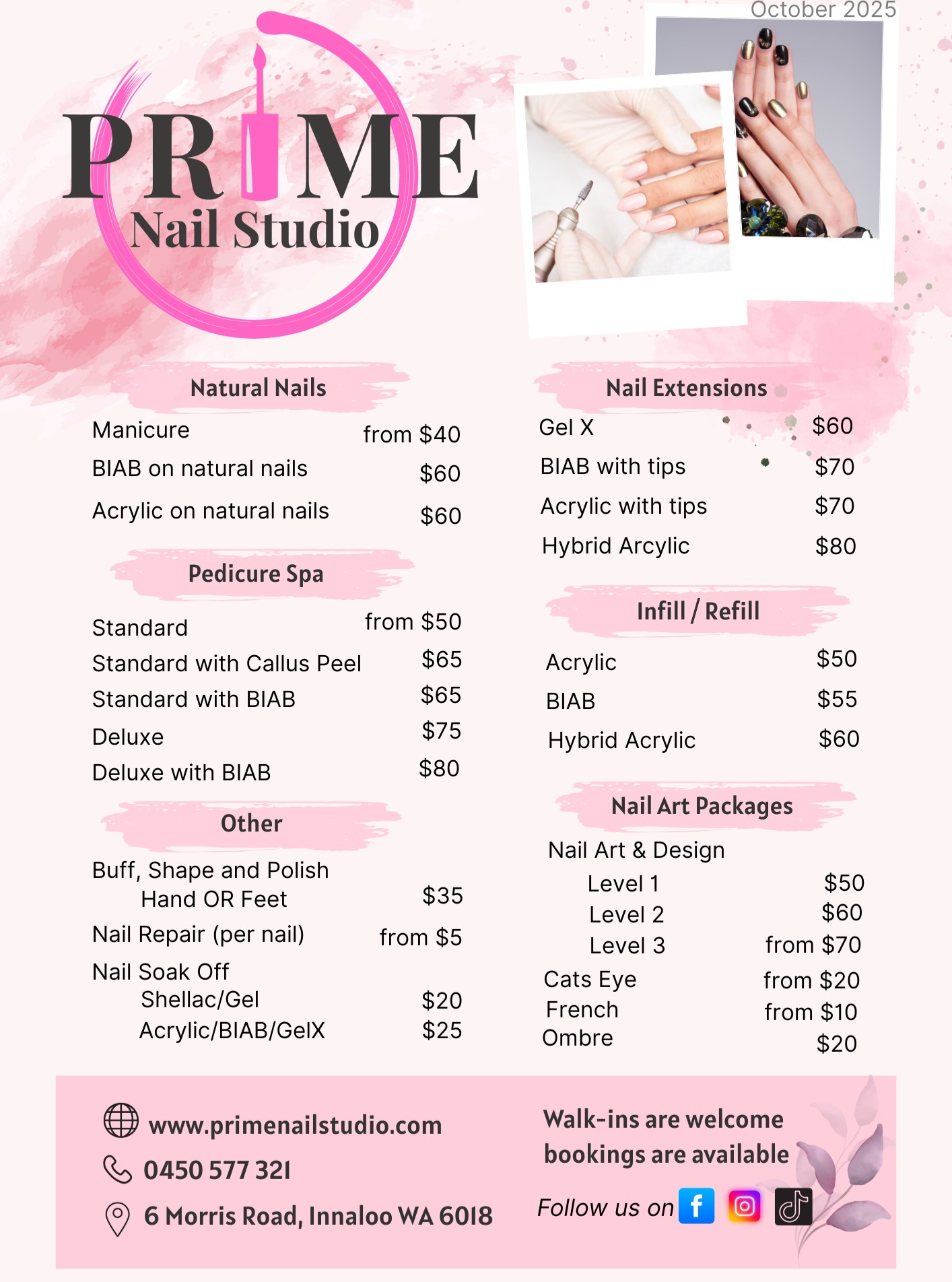Prime Nail Studio is announcing a price increase effective October 1st, 2025, due to rising costs. The studio apologizes for any inconvenience and assures customers of its commitment to improved services and products. A new price list will be available on our website from September 11th, 2025.