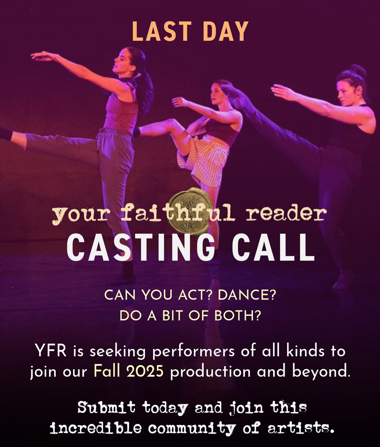 Last call! 🗣️ Today is the final day to submit for the Your Faithful Reader Fall 2025 performance.
Come join this community of talented artists and share your voice in a season inspired by memory, spirit, and connection.
📅 Submit by end of day today
🌐 Link in bio & Stories, or email directly: miriam@yourfaithfulreader.com
Can’t join this time, but know someone who might? Please share! We’re always looking to grow our network.