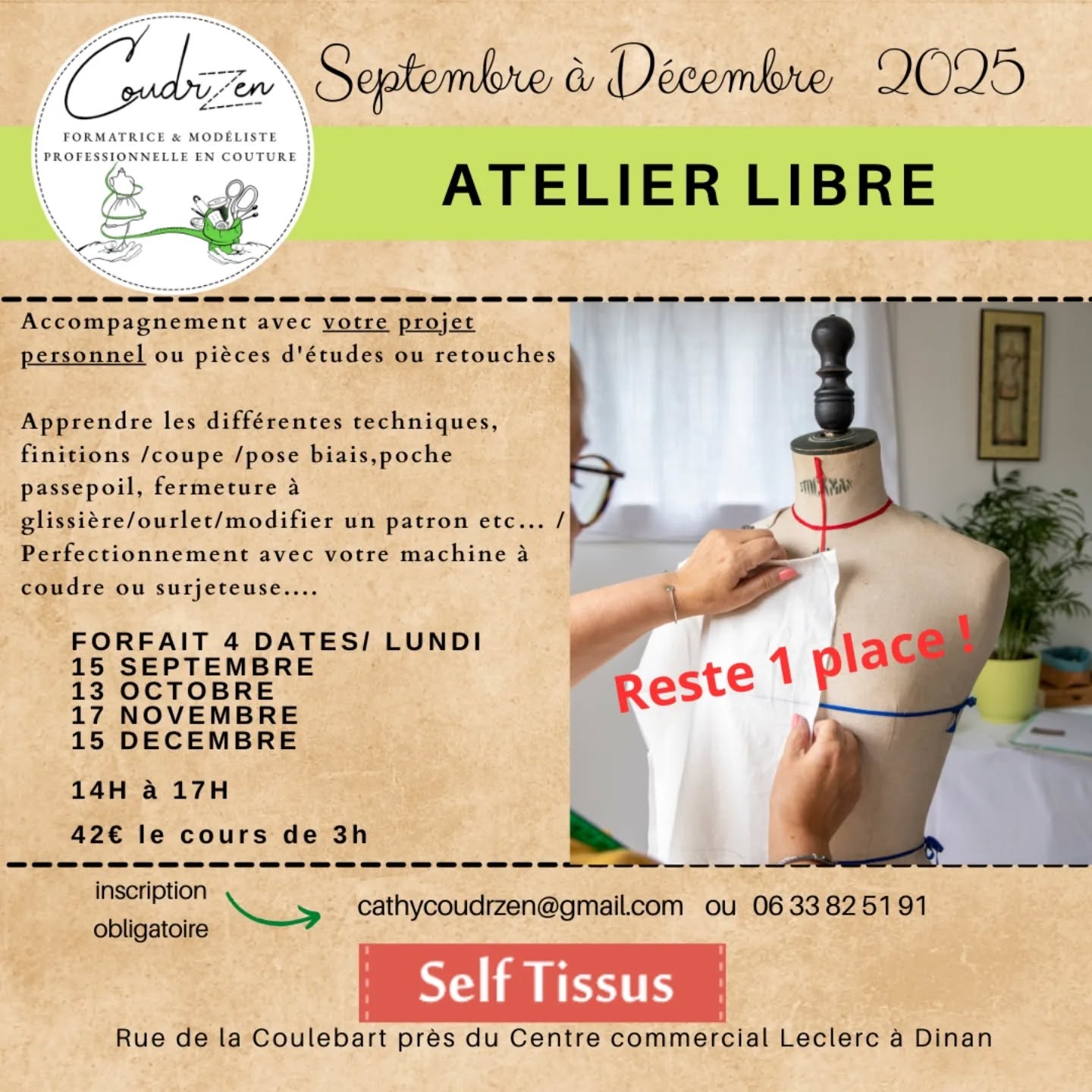 Il est toujours possible de s'inscrire pour ce forfait qui commence la semaine prochaine, 4 dates .Débutants ou Initiés.
contactez moi au 06 33 82 51 91 ou cathycoudrzen@gmail.com
Au plaisir de vous accueillir chez @selftissus_dinan
#coutures #plaisir #patronage #passion