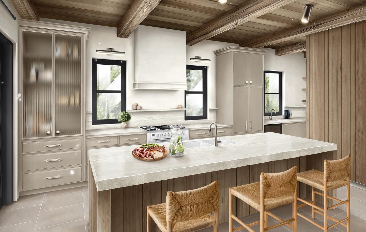 Yesterday was the big reveal for the kitchen of our European Farmhouse-inspired project, which is a major renovation and addition to a split-level home.
Our clients loved the textured palette of rough edge stone, painted joinery, tumbled edge tiles, brushed nickel and antique gunmetal accents and various timber detailing.
We don’t often use symmetry but for this project a formal central island looked the part with furniture style wall units behind stopping short of the timber ceiling and its exposed beam. The inset design cabinetry creates a hand crafted look more tabling furniture which helps set it apart from modern kitchens that can appear ‘manufactured’.
A bespoke approach was also taken for the lighting, which employs picture lights above the windows instead of downlights or LEDs for a sophisticated and unique touch.
Interior Design Consultant @amelia.gallen.interior.design
Artist Impressions @sketch_sveta_p
Principal & Building Designer @byofloorplan
Are you considering a major renovation? Send us a message today and start the conversation.
