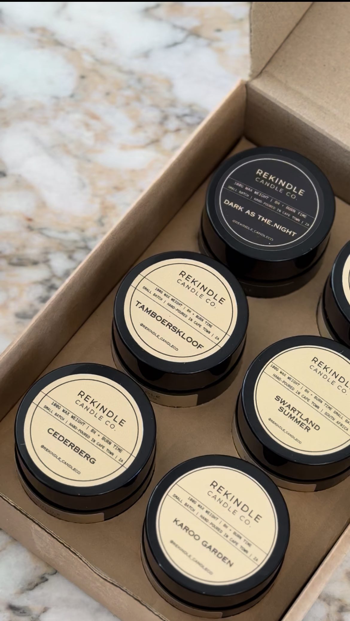 Struggling with decision fatigue? Too many delicious sounding scents to choose from?
Why not try out our signature scent box?
Discover the full Rekindle Signature Fragrance Range. Set of 6 | Each 100g in an amber glass jar with lid
Scent : One of each of the six signature scents of the Rekindle Line
Karoo Garden | Swartland Summer | Beta Beach
Cederberg | Misty Cliffs | Tamboerskloof